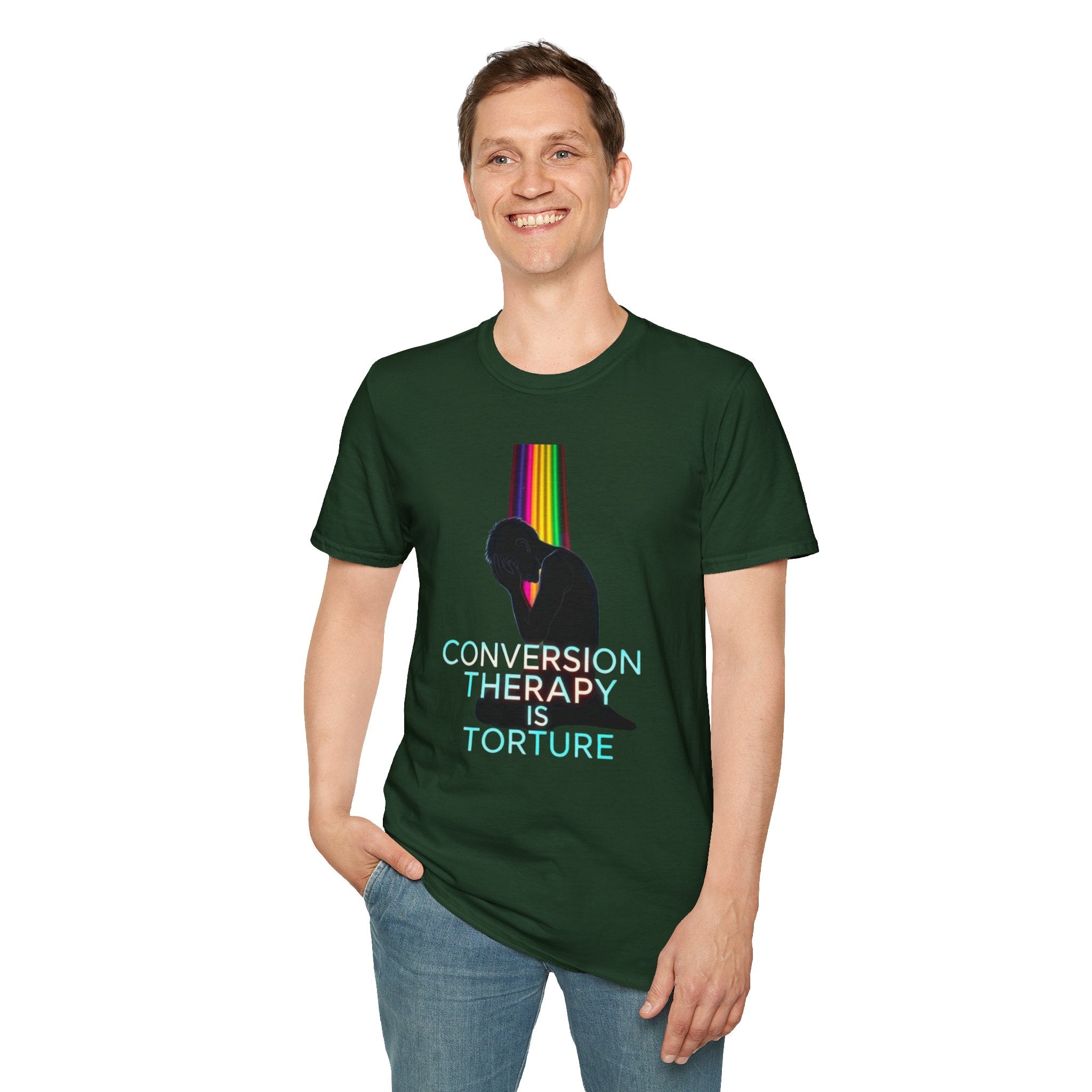 Unisex Softstyle T-Shirt - LGBTQ+ Empowerment T-Shirt: Conversion Therapy is Torture & We All Belong
