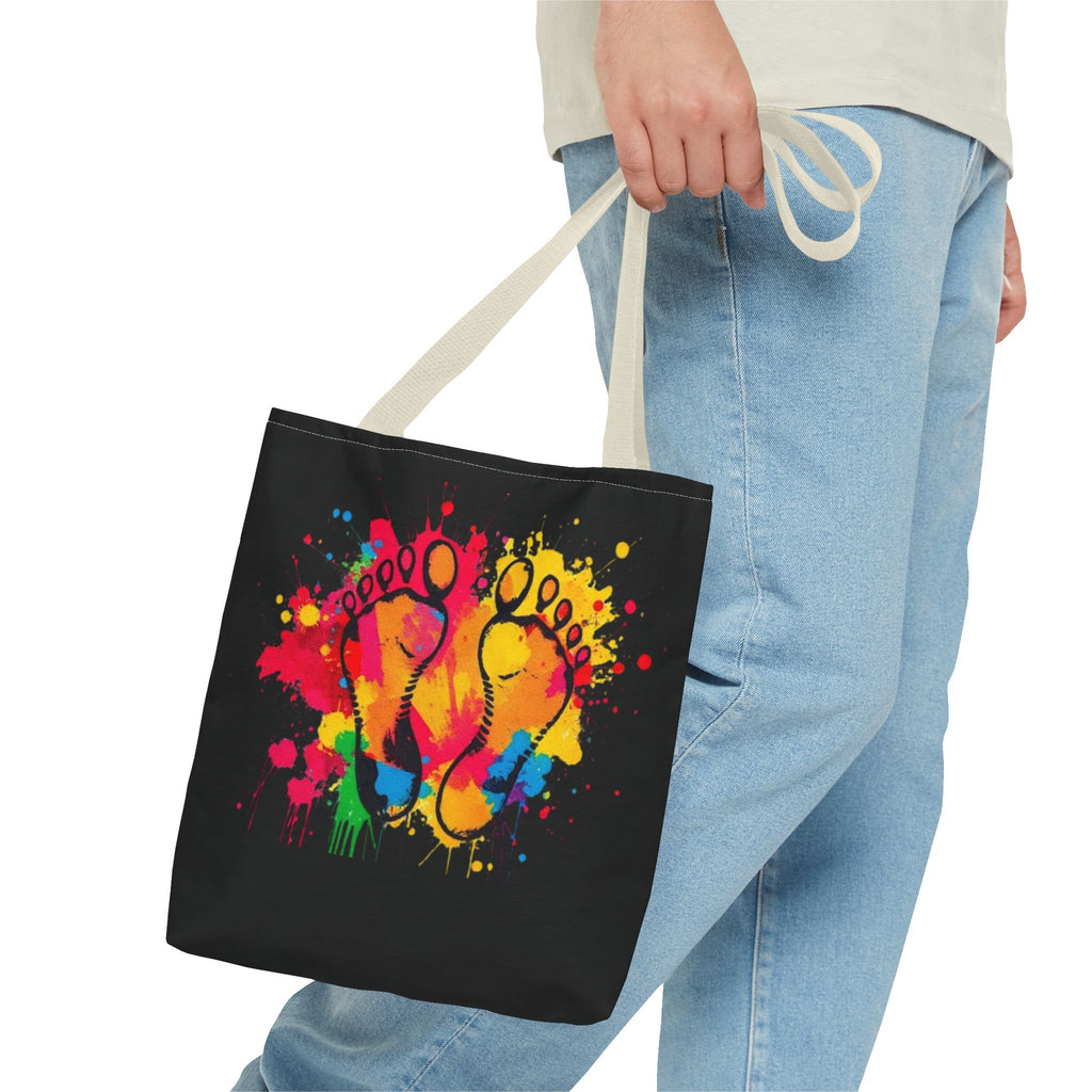 Rainbow Paint Splatter Footprints Tote Bag