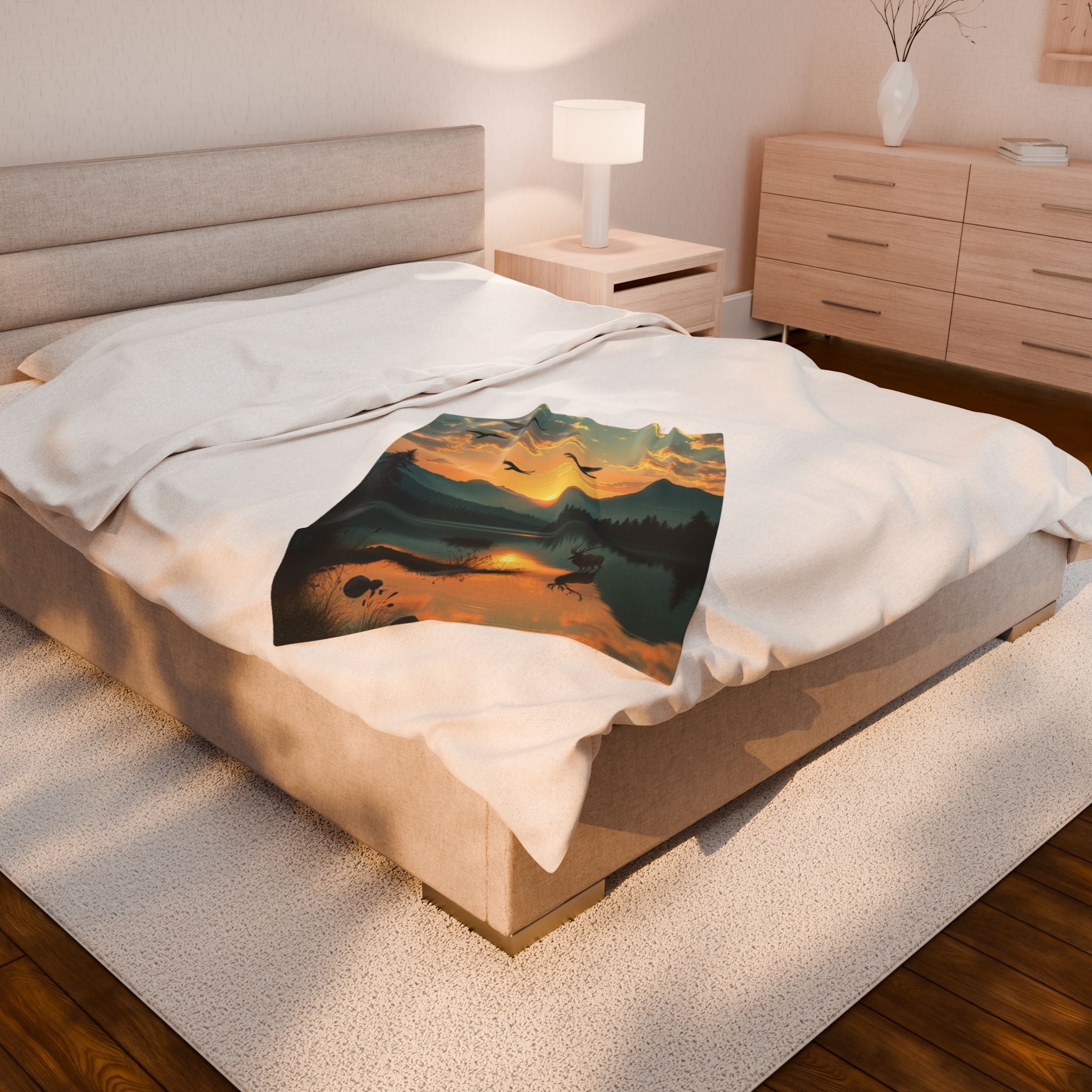 Lake Scene with Elk and Ducks Velveteen Plush Blanket – For Comfort and Warmth