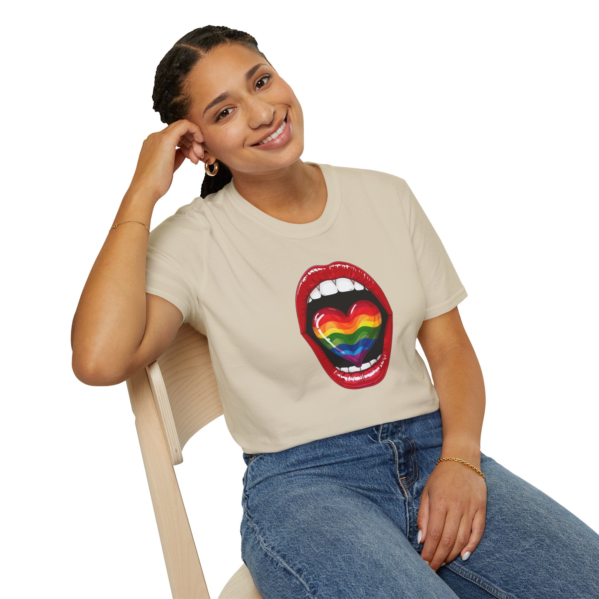 Pride Love Unisex Softstyle T-Shirt | LGBTQ+ Rainbow Heart Design
