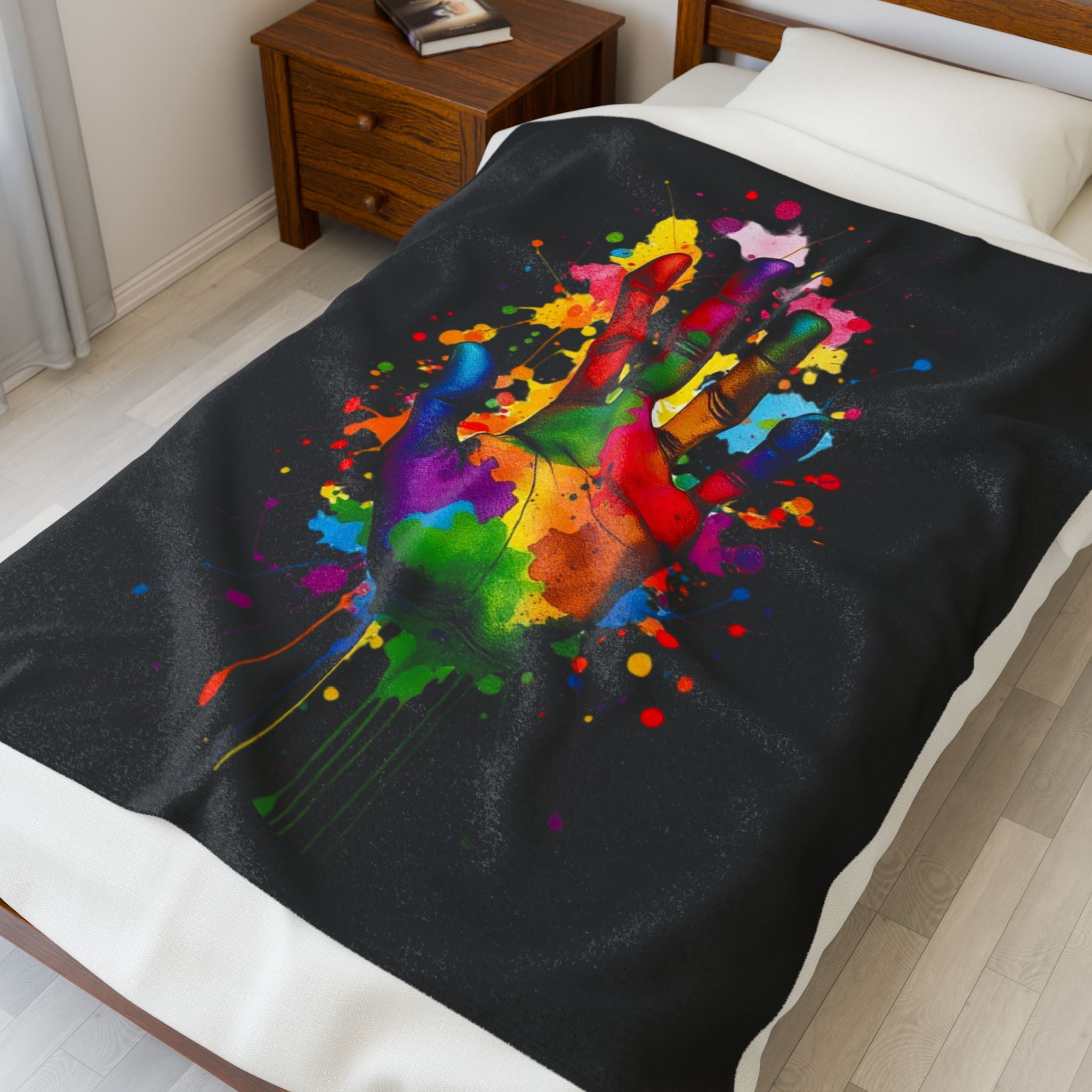 Rainbow Splash Handprint Black Background Velveteen Plush Blanket – For Comfort and Warmth