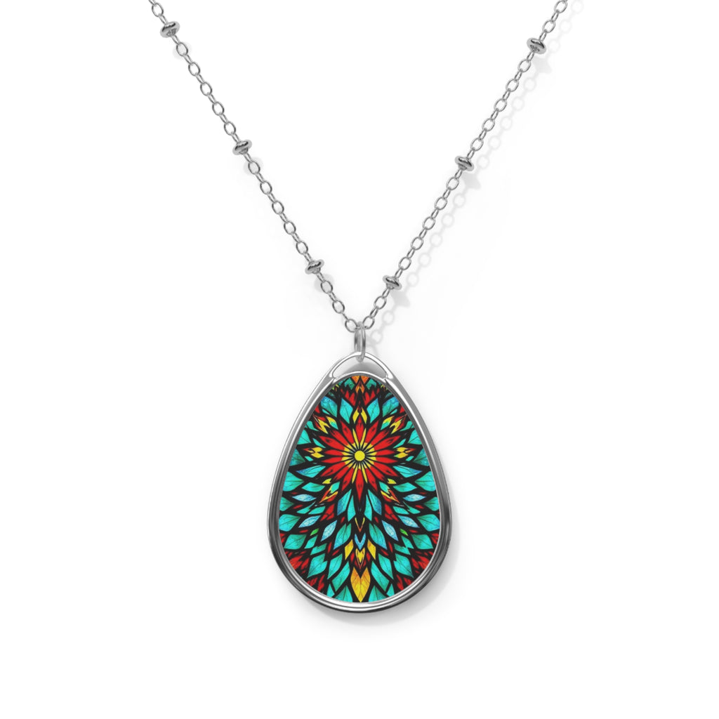 Oval Necklace — Colorful Mandala Teardrop Pendant Necklace