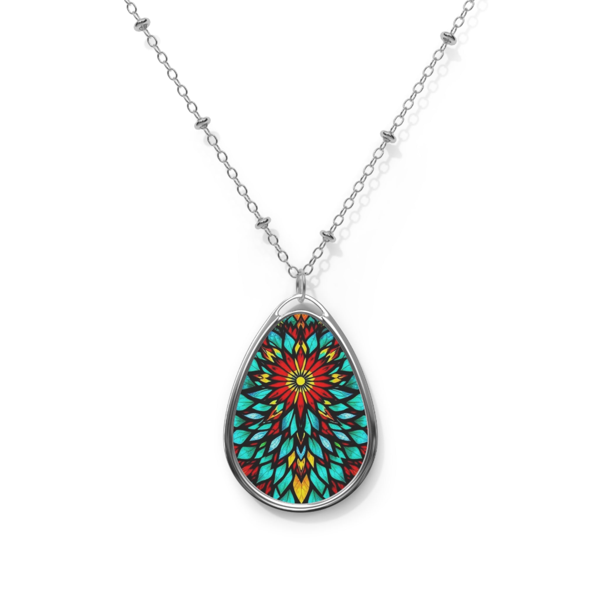 Oval Necklace — Colorful Mandala Teardrop Pendant Necklace