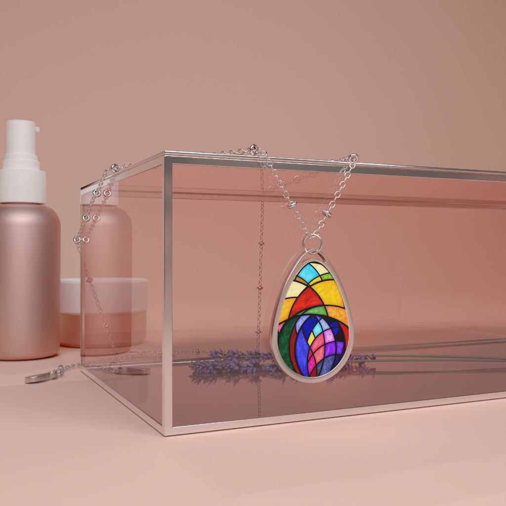 Stained Glass Oval Necklace — Colorful Teardrop Pendant Necklace