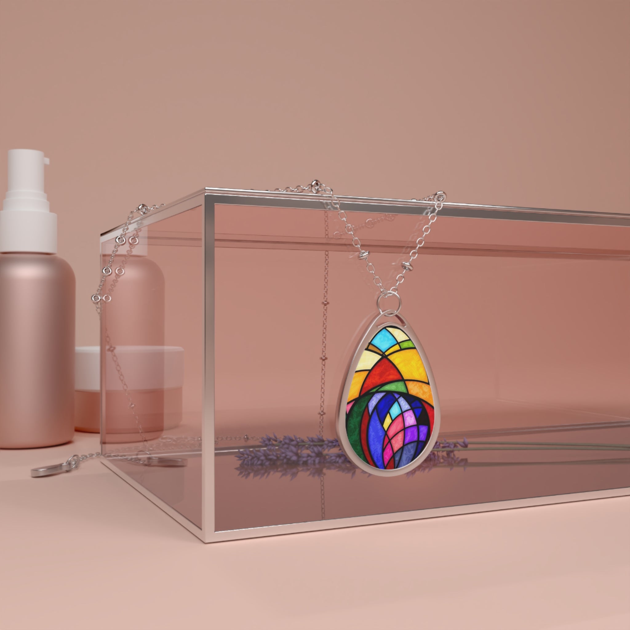Stained Glass Oval Necklace — Colorful Teardrop Pendant Necklace