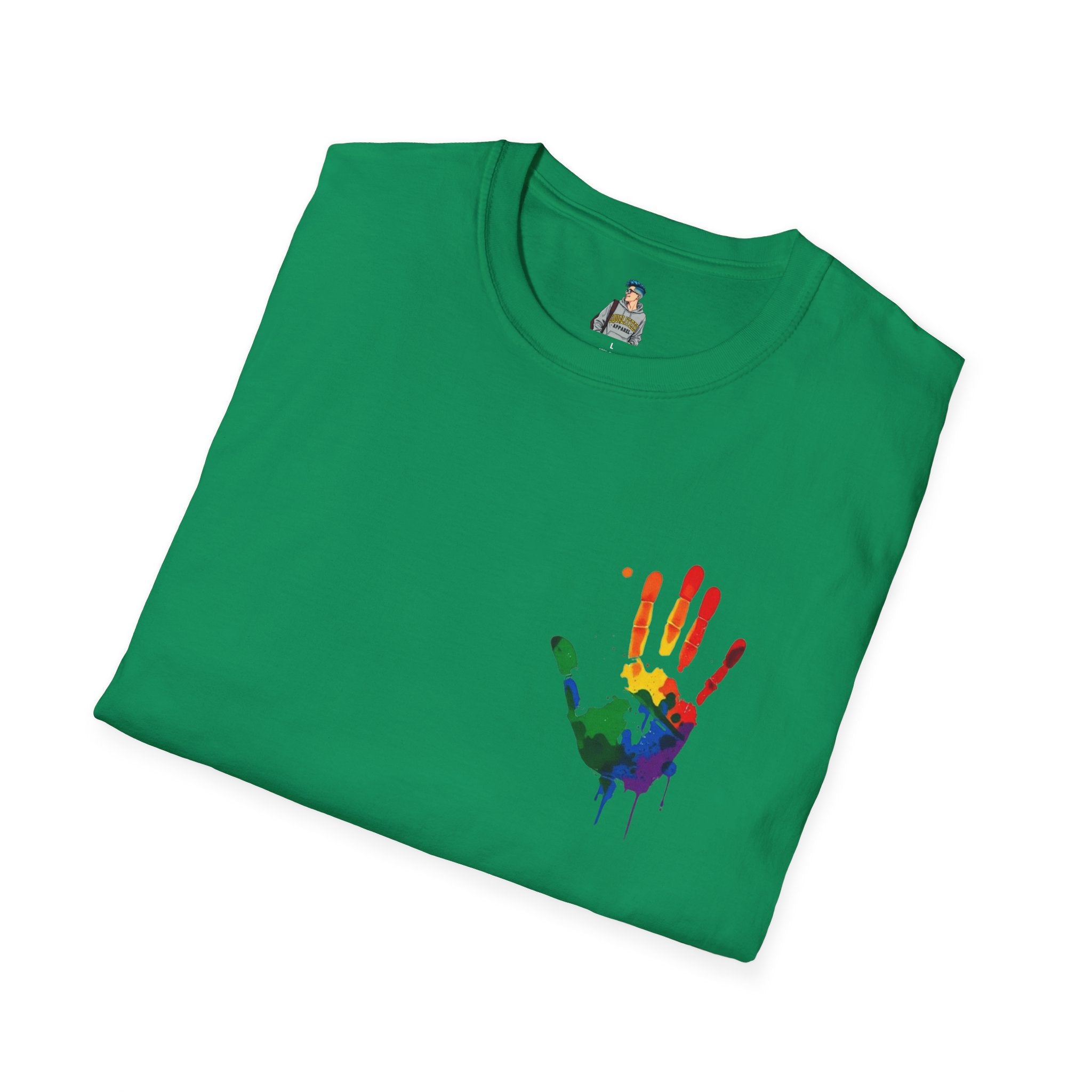 Inclusive Art Unisex Softstyle T-Shirt – ‘ Rainbow Handprint We All Belong’
