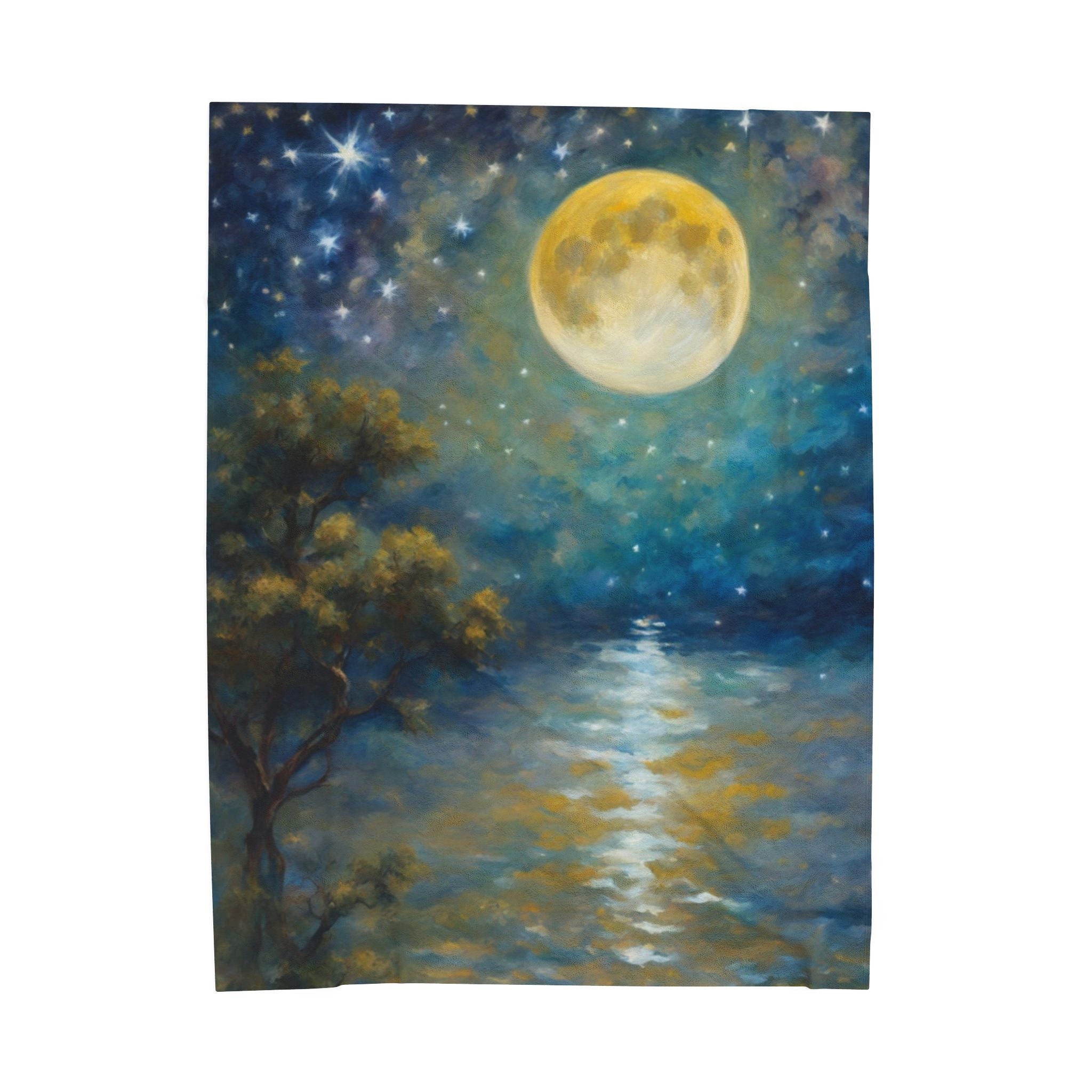 Moon over Docile Waters Impressionist Print Velveteen Plush Blanket – For Comfort and Warmth