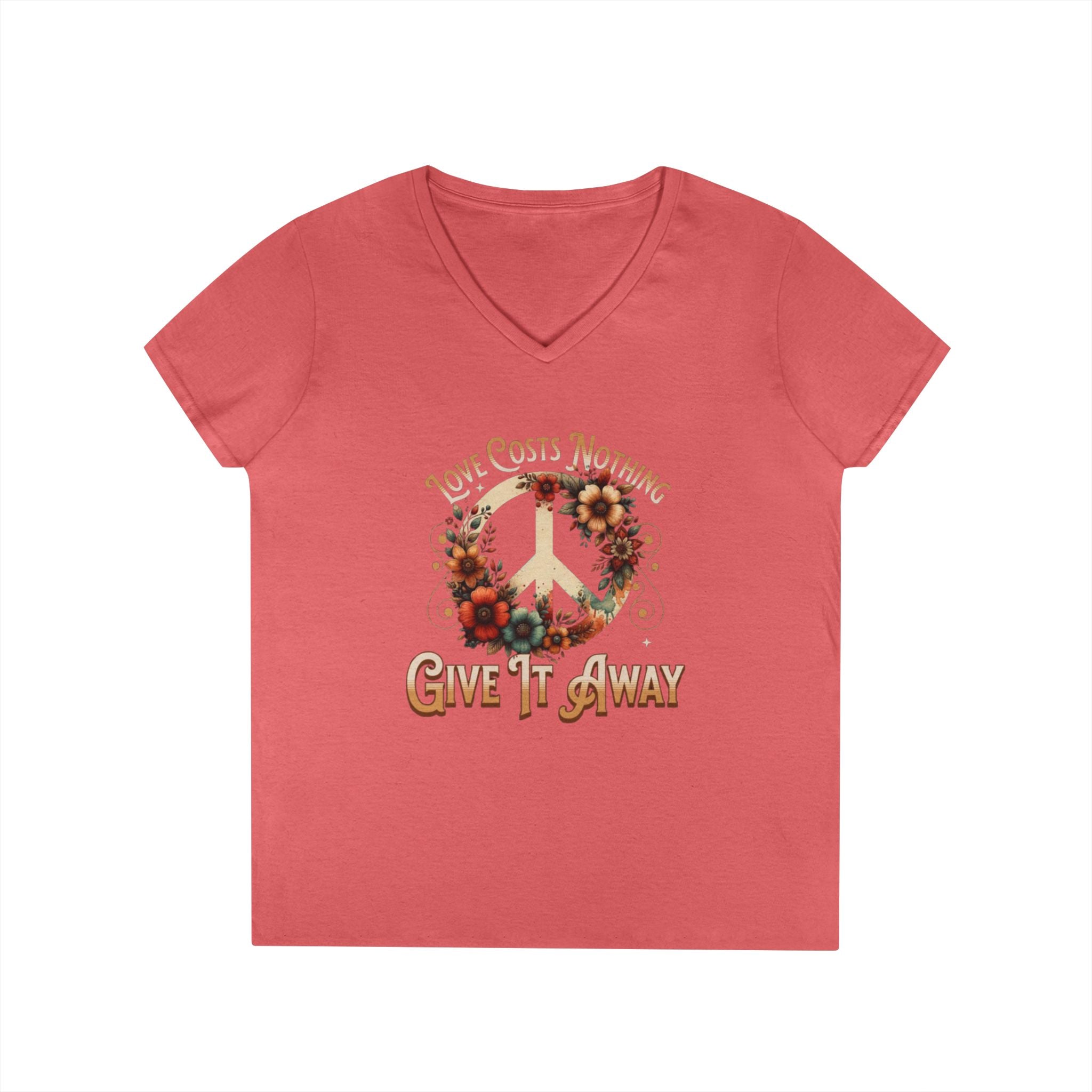 Women's Peace Love T-Shirt - Give It Away | Floral V-Neck Tee for Positive Vibes