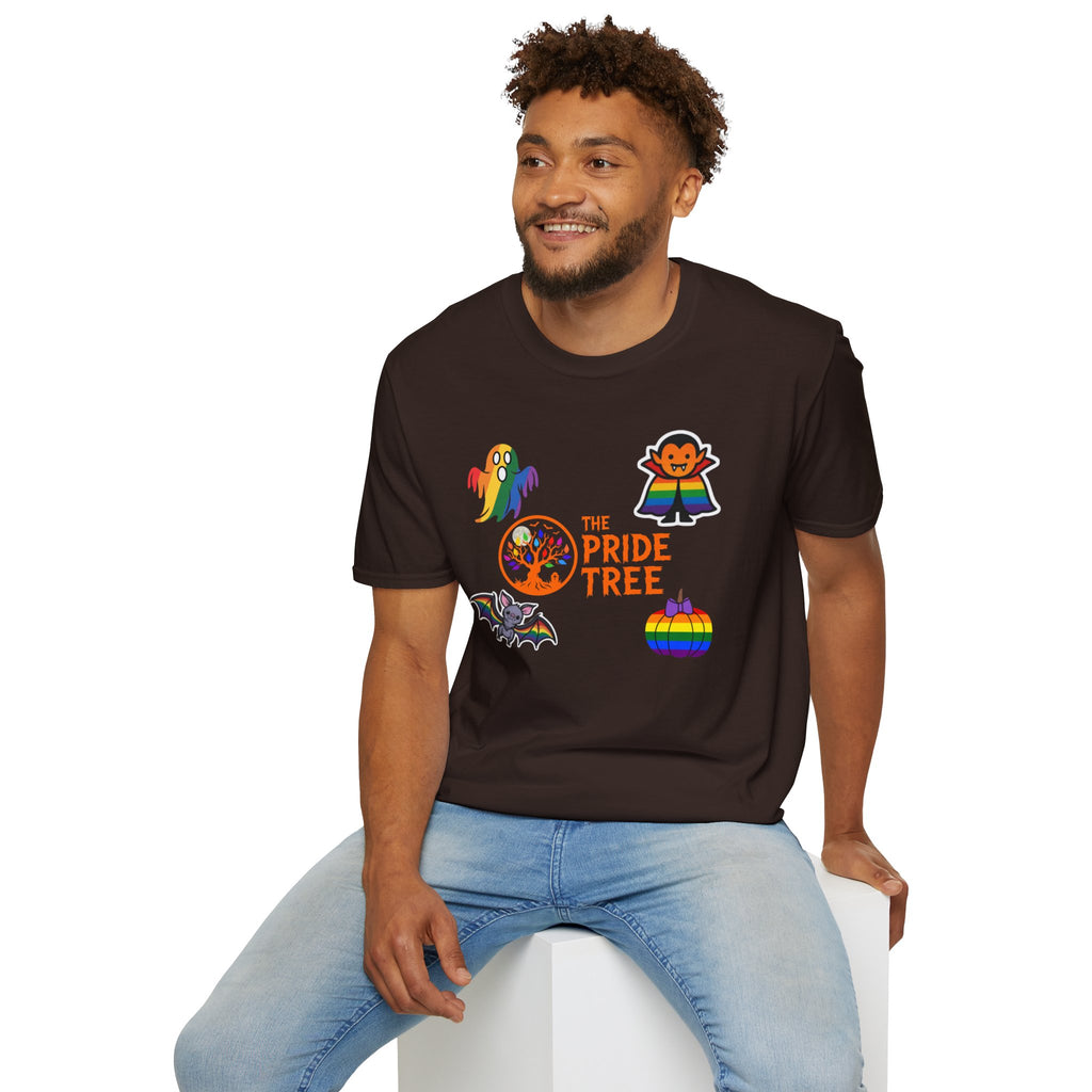 The Pride Tree Halloween T‑Shirt — Rainbow Ghosts, Pumpkins & Bat Graphic Tee