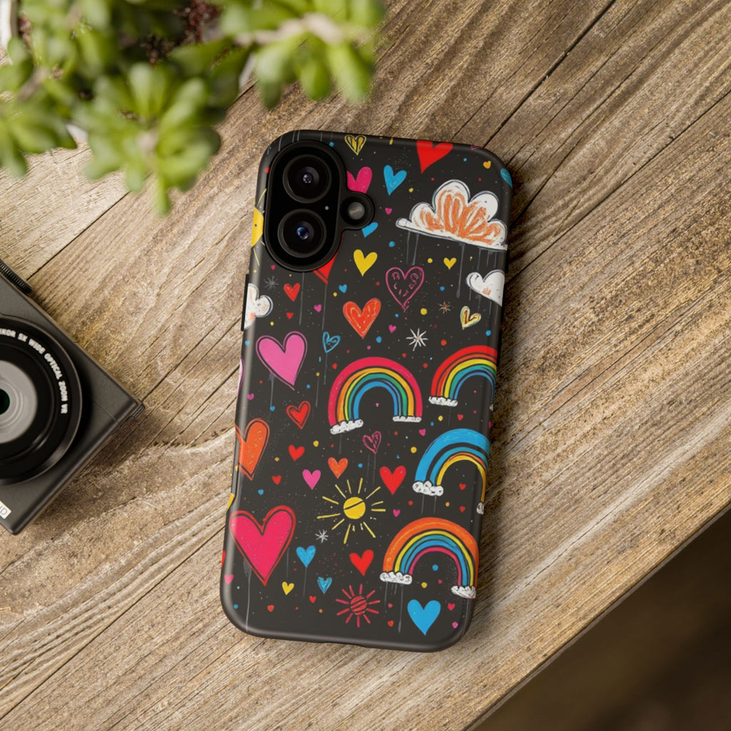 Android OR iPhone Compatible Cases - Doodle Hearts and Rainbows Design