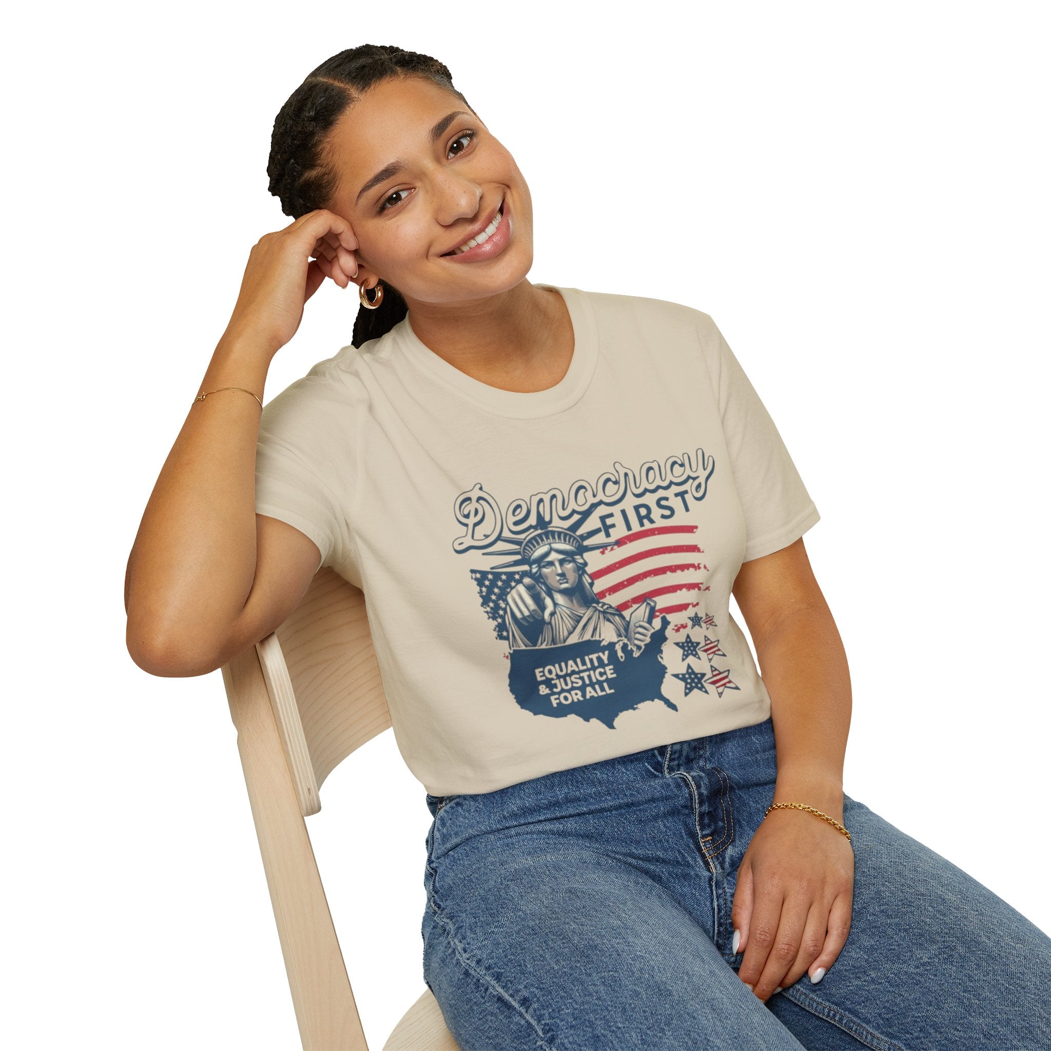 Democracy First T-Shirt | Unisex Softstyle Tee for Equality & Justice