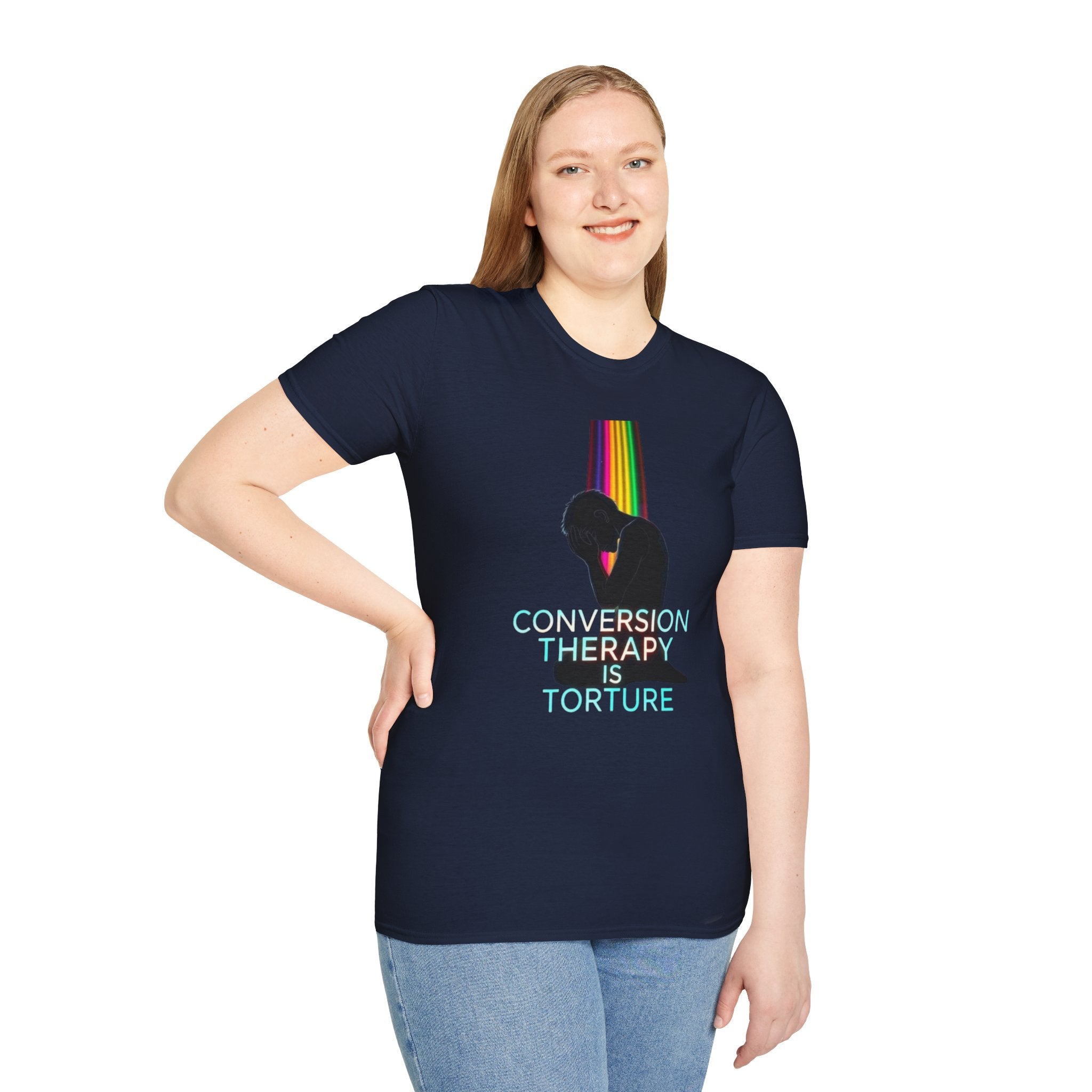 Unisex Softstyle T-Shirt - LGBTQ+ Empowerment T-Shirt: Conversion Therapy is Torture & We All Belong
