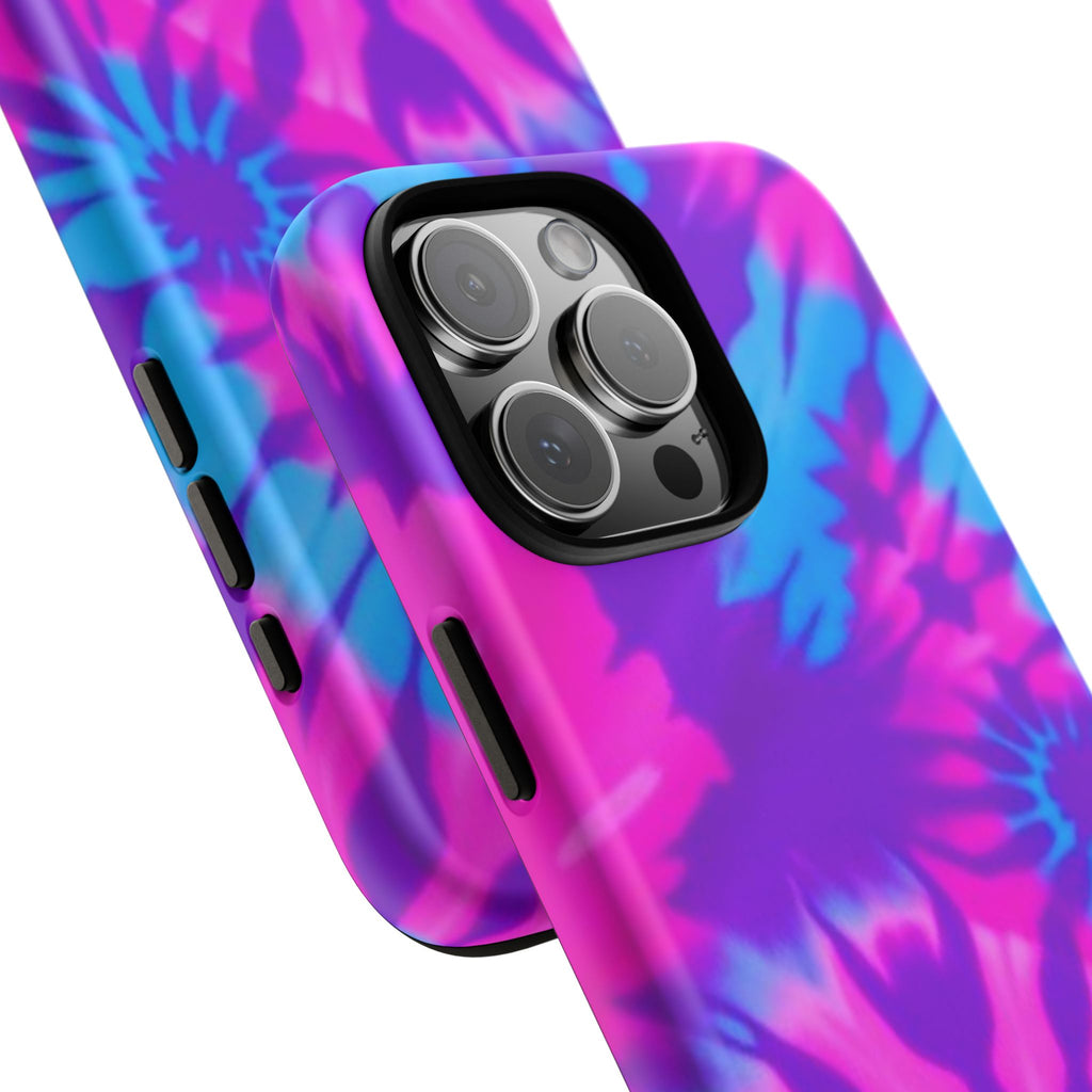 Tie-Dye Floral Phone Case for iPhone — Pink & Blue Retro Protective Tough Case