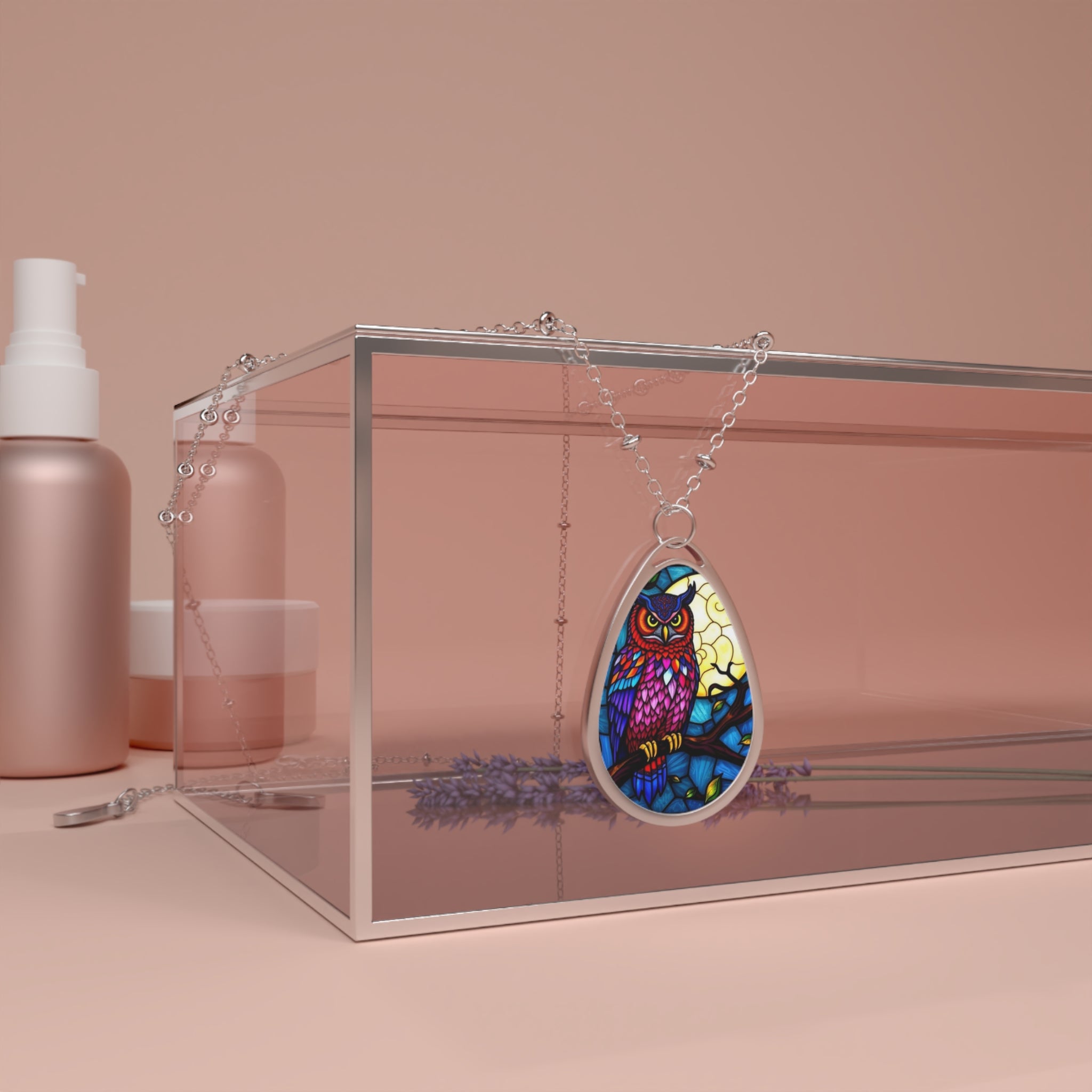 Stained Glass Owl and Moon Oval Necklace Pendant