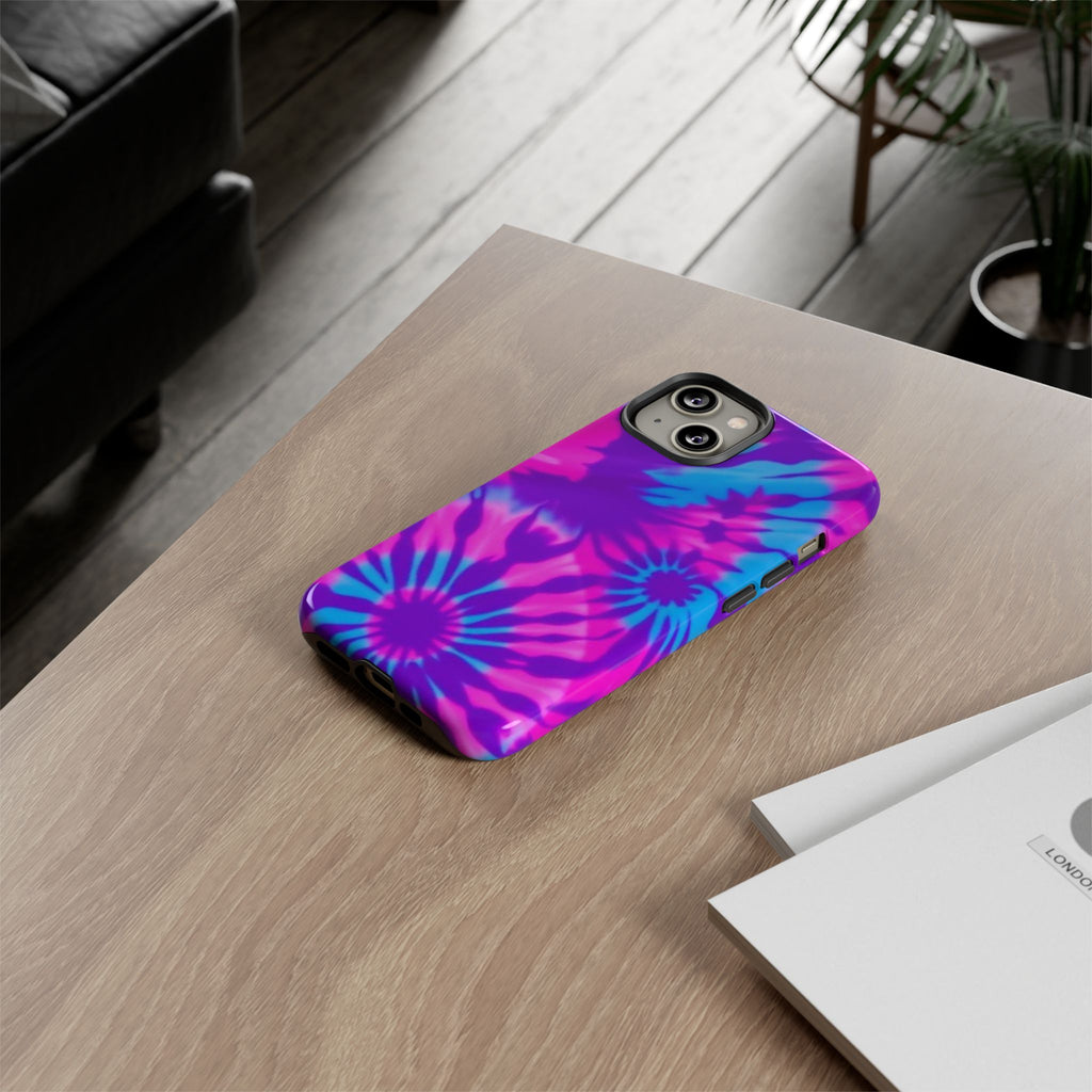Tie-Dye Floral Phone Case for iPhone — Pink & Blue Retro Protective Tough Case