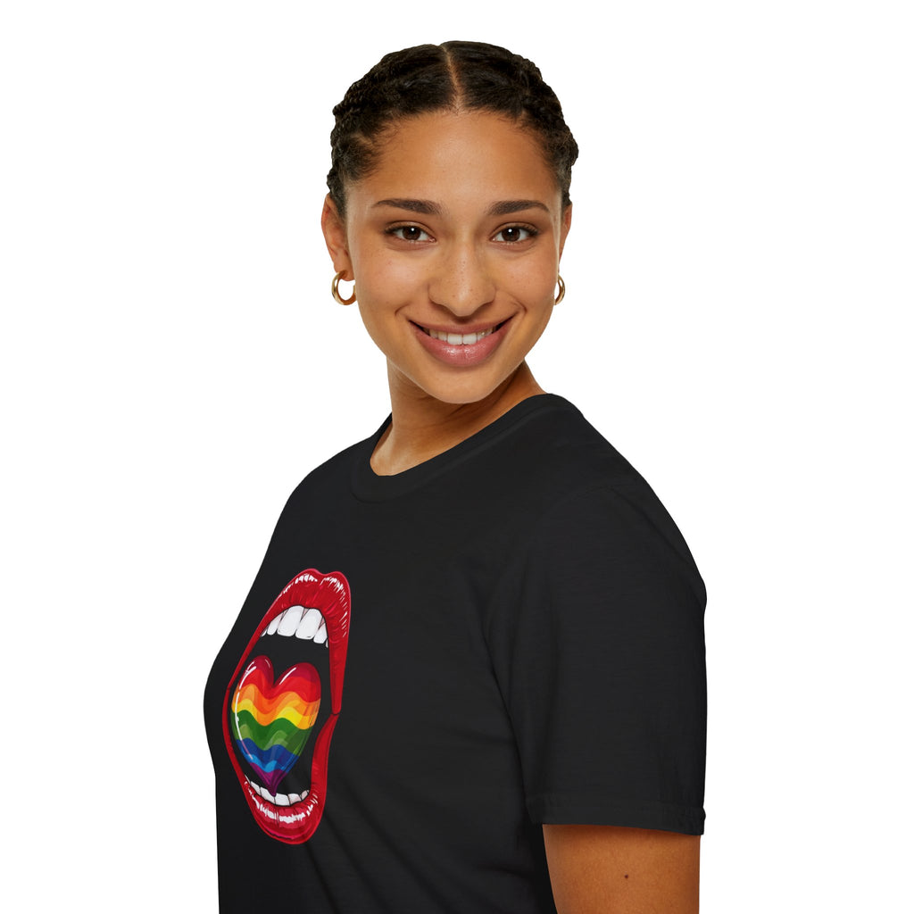 Pride Love Unisex Softstyle T-Shirt | LGBTQ+ Rainbow Heart Design