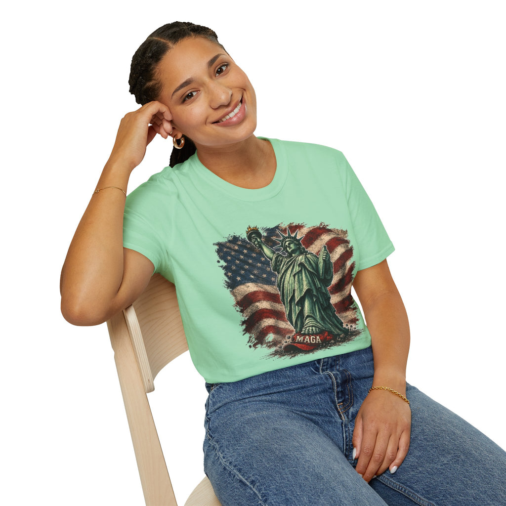 Statue of Liberty Stepping on MAGA American Flag T-Shirt — Patriotic USA Independence Day Tee