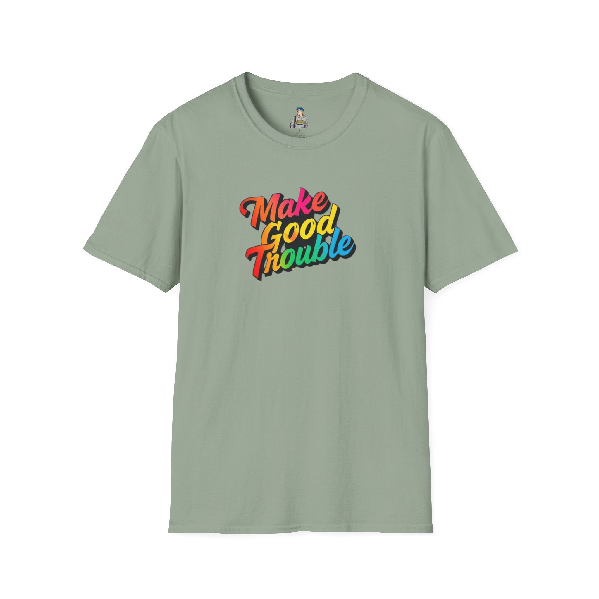 Inspirational Unisex Softstyle T-Shirt - 'Make Good Trouble' Rainbow Statement Tee