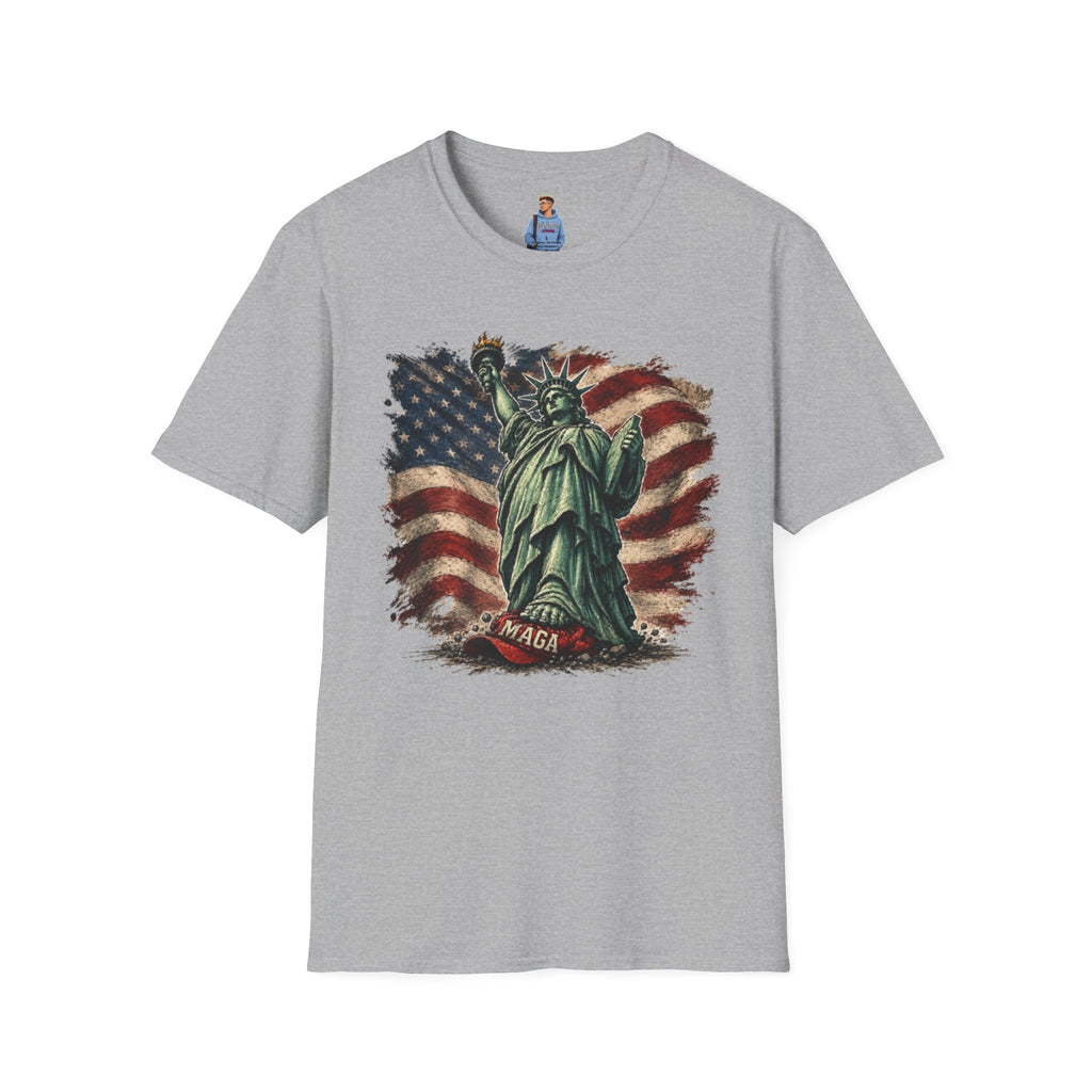 Statue of Liberty Stepping on MAGA American Flag T-Shirt — Patriotic USA Independence Day Tee