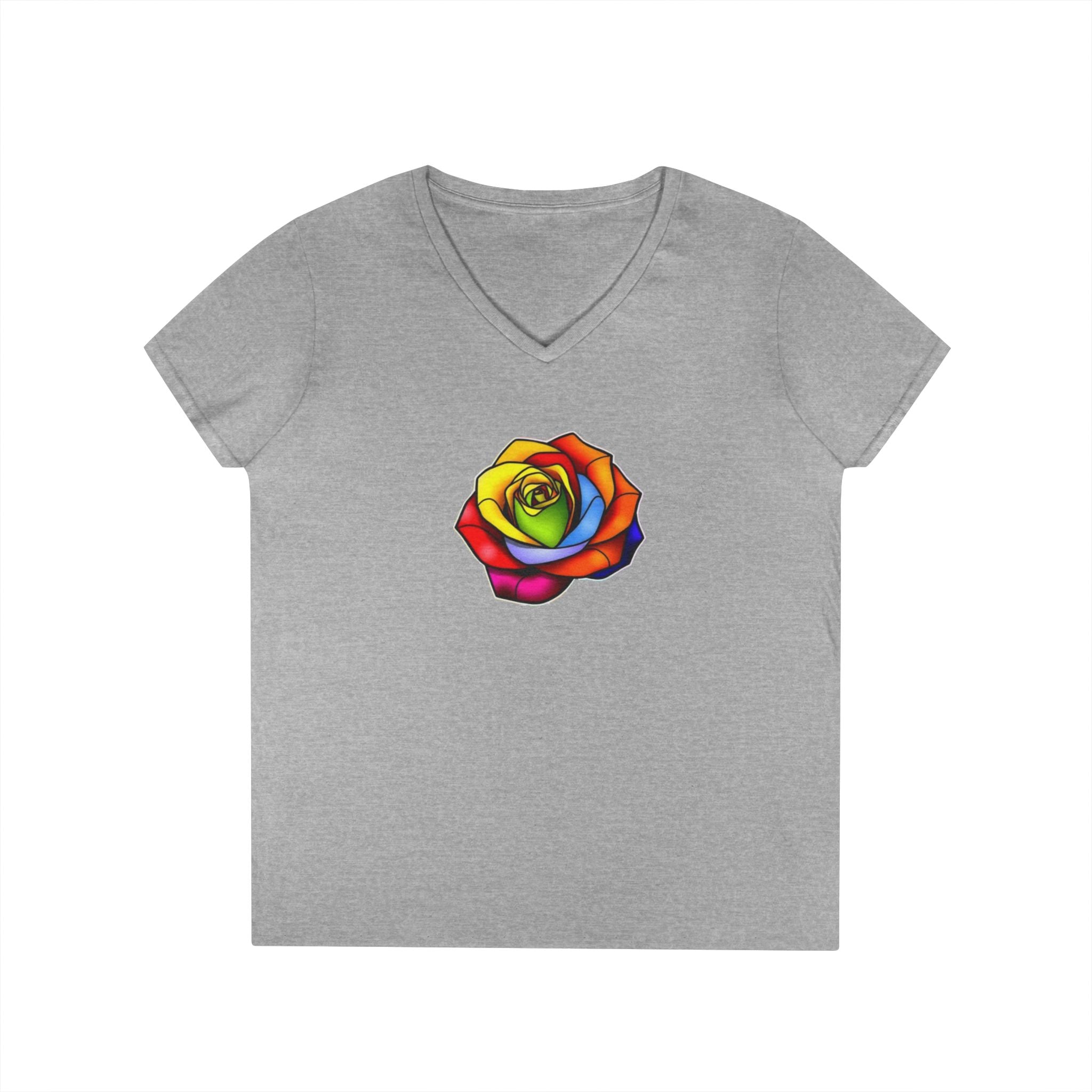 Rainbow Rose Ladies' V-Neck T-Shirt - Colorful Floral Design