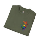 Inclusive Art Unisex Softstyle T-Shirt – ‘ Rainbow Handprint We All Belong’