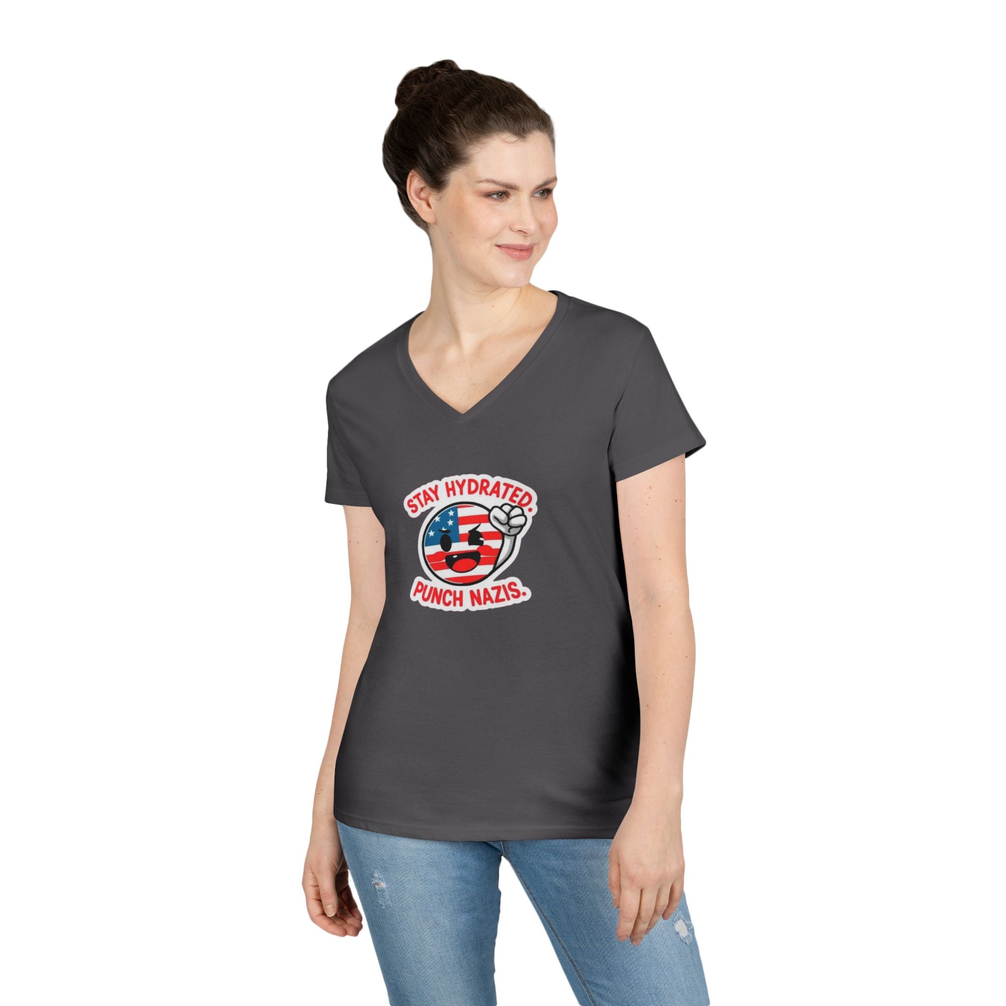 Stay Hydrated Punch Nazis V-Neck T-Shirt - Protest against Fascism Message Tee for Activists