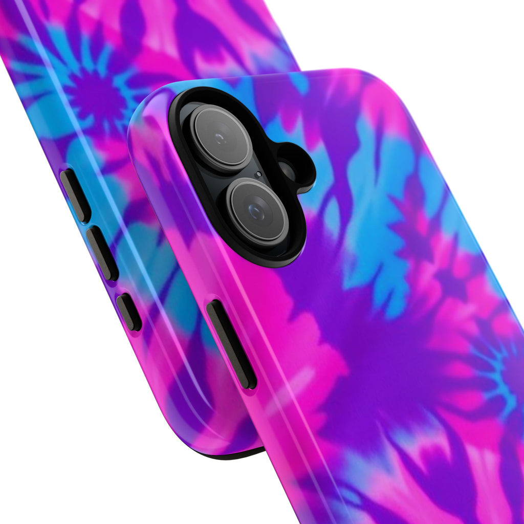 Tie-Dye Floral Phone Case for iPhone — Pink & Blue Retro Protective Tough Case