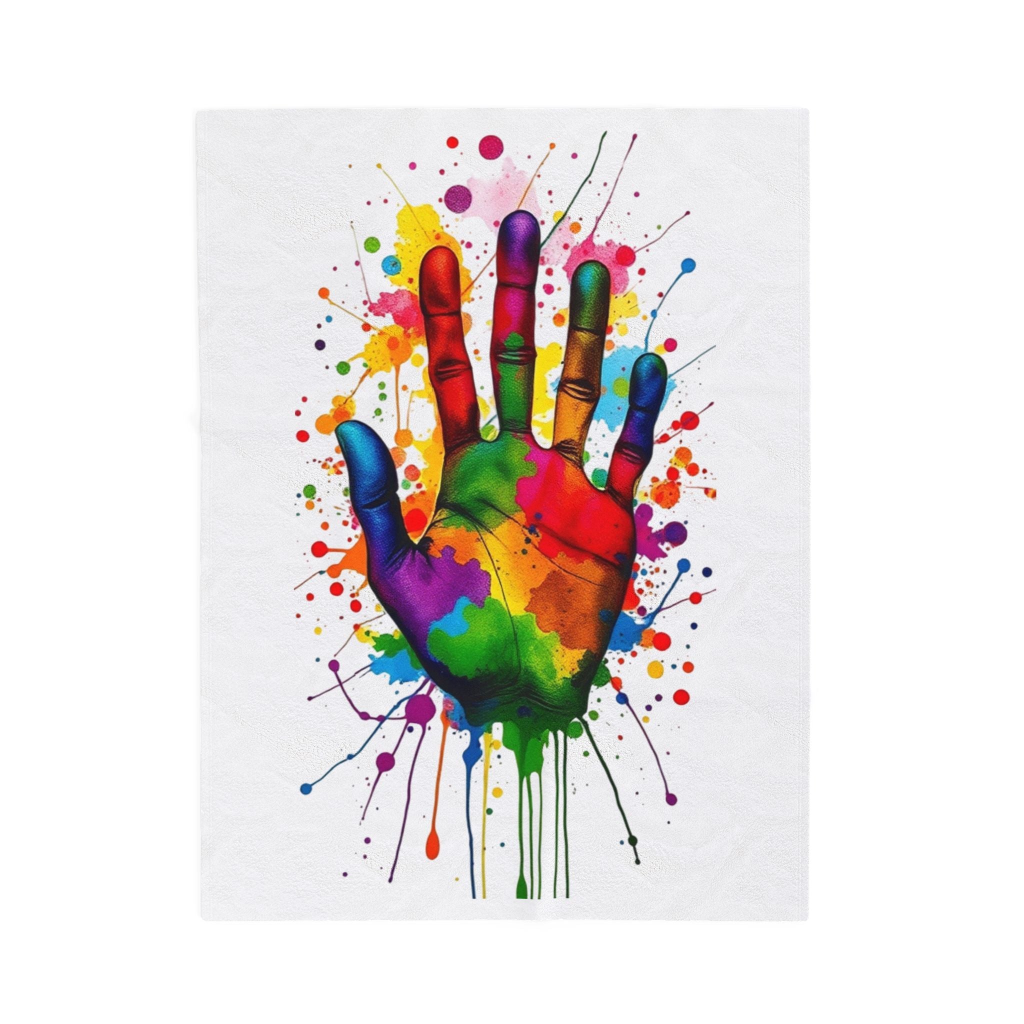 Rainbow Splash Handprint White Background Velveteen Plush Blanket – For Comfort and Warmth
