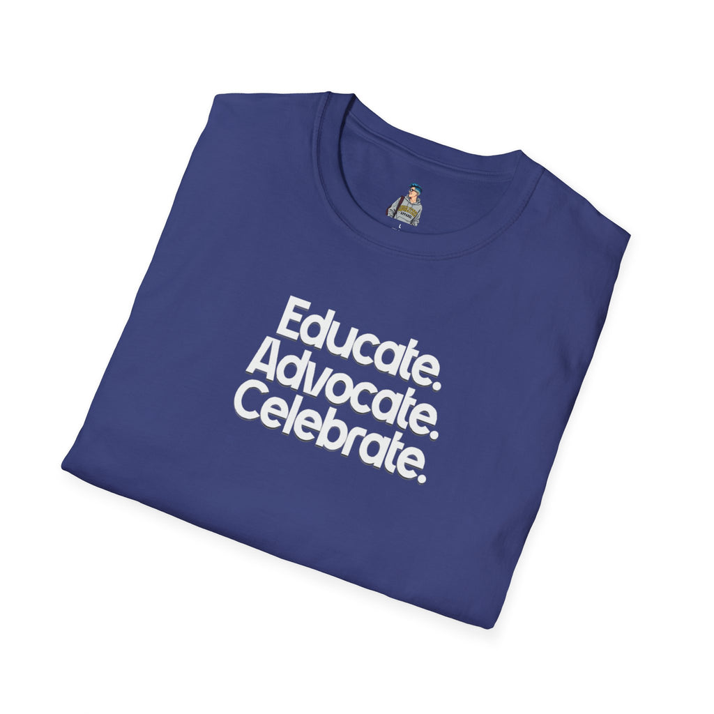 Educate. Advocate. Celebrate. Minimalist Pride T-Shirt - EqualiTees.Me
