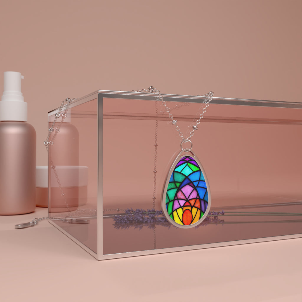 Stained Glass Oval Necklace — Colorful Rainbow Teardrop Pendant