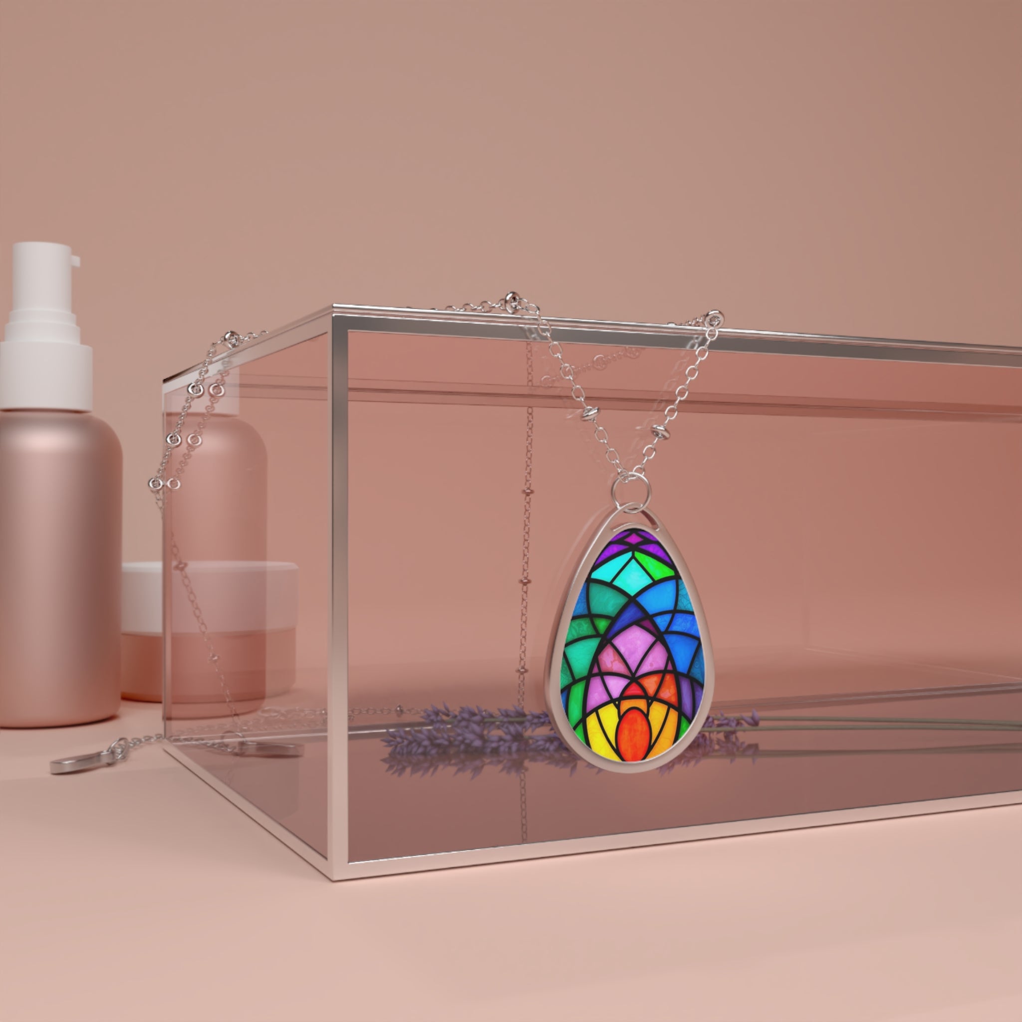Stained Glass Oval Necklace — Colorful Rainbow Teardrop Pendant