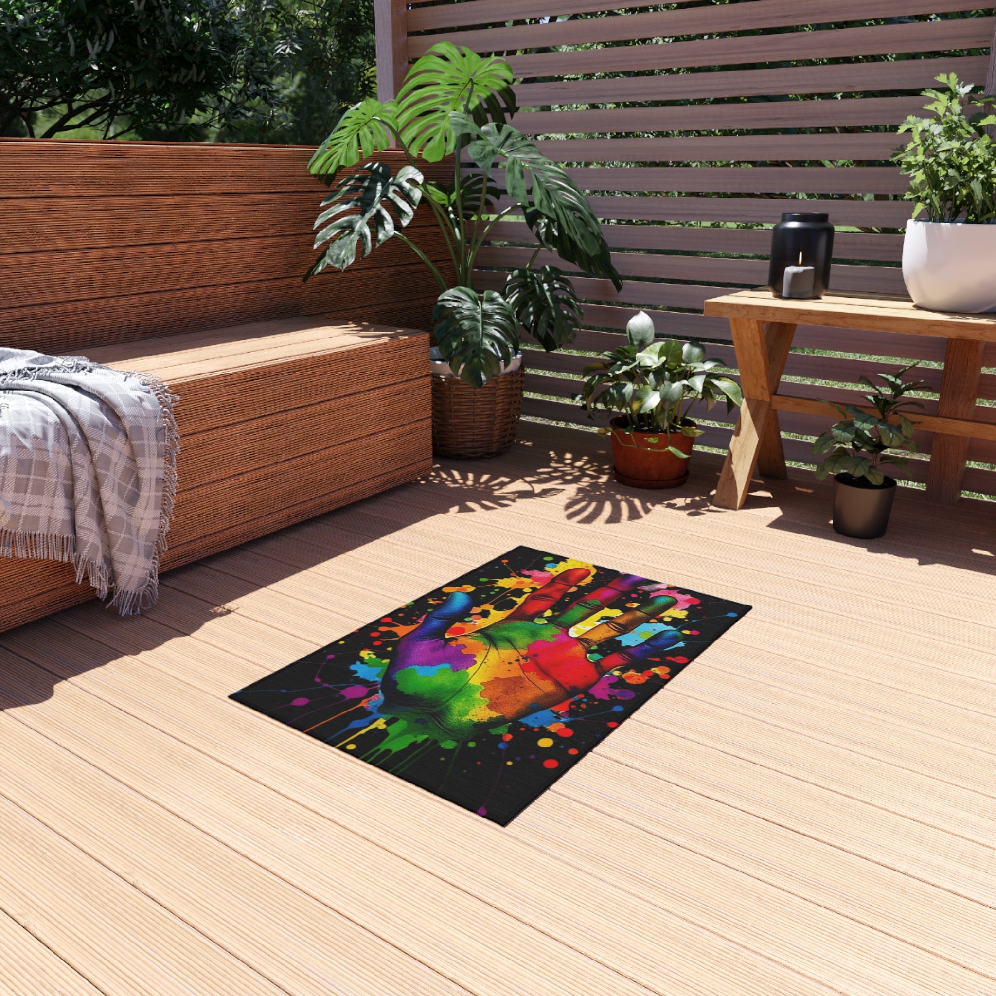 Rainbow Hand Art Outdoor Rug - Colorful Decorative Mat for Patios & Gardens