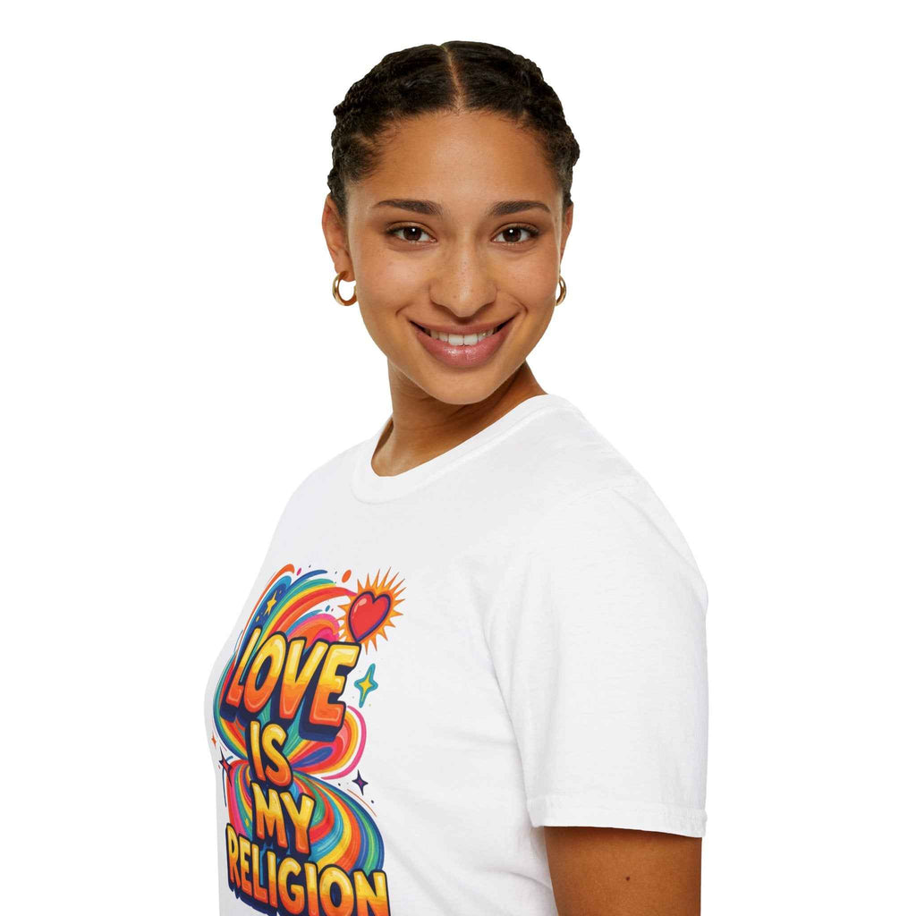T-Shirt — "Love Is My Religion" Retro Rainbow Graphic Tee