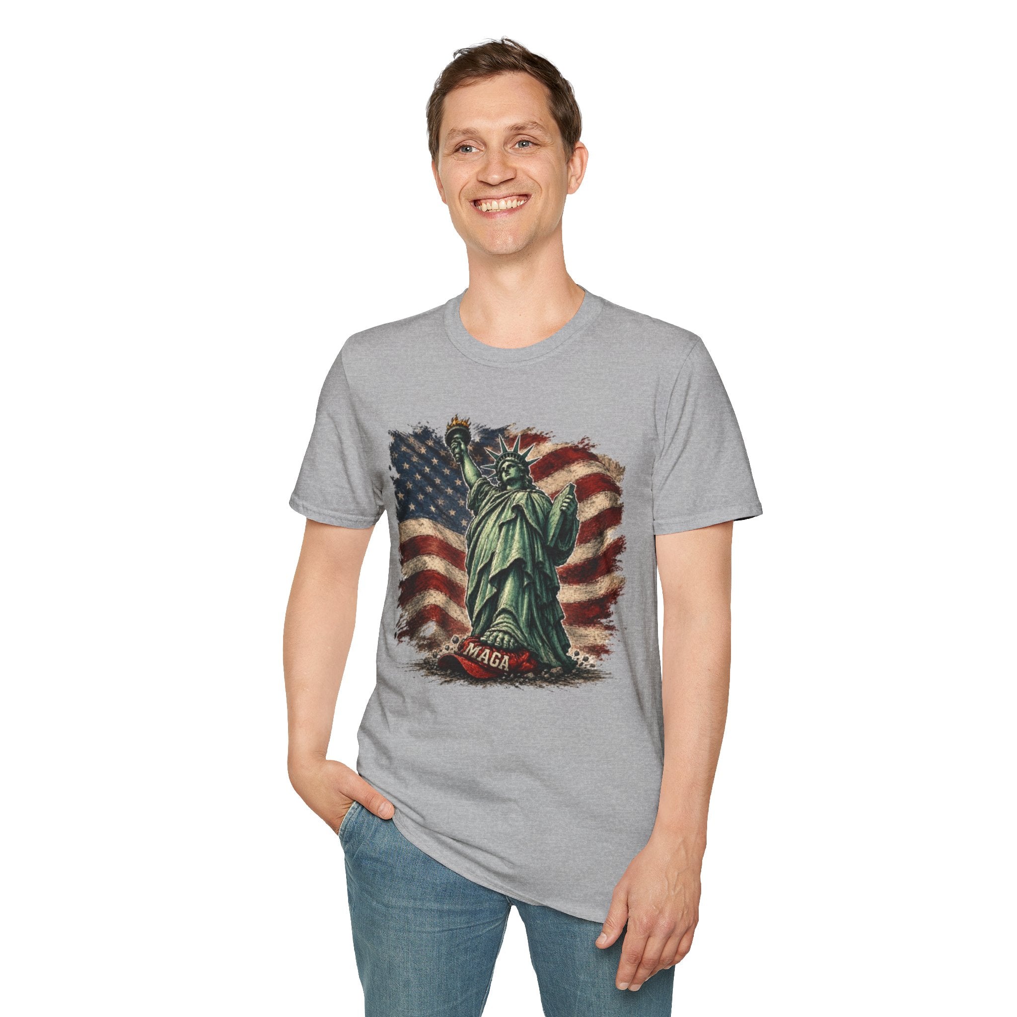 Statue of Liberty Stepping on MAGA American Flag T-Shirt — Patriotic USA Independence Day Tee