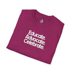 Educate. Advocate. Celebrate. Minimalist Pride T-Shirt - EqualiTees.Me