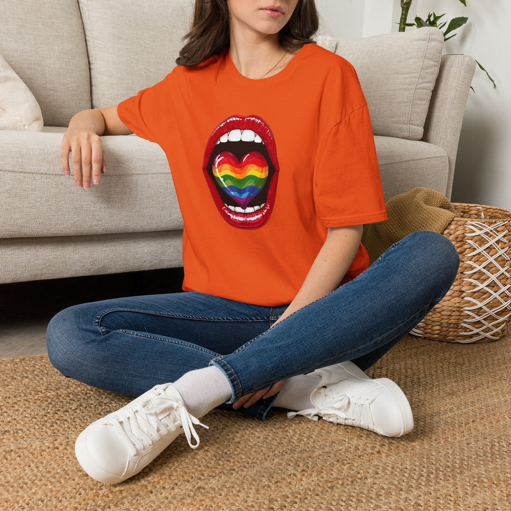 Pride Love Unisex Softstyle T-Shirt | LGBTQ+ Rainbow Heart Design