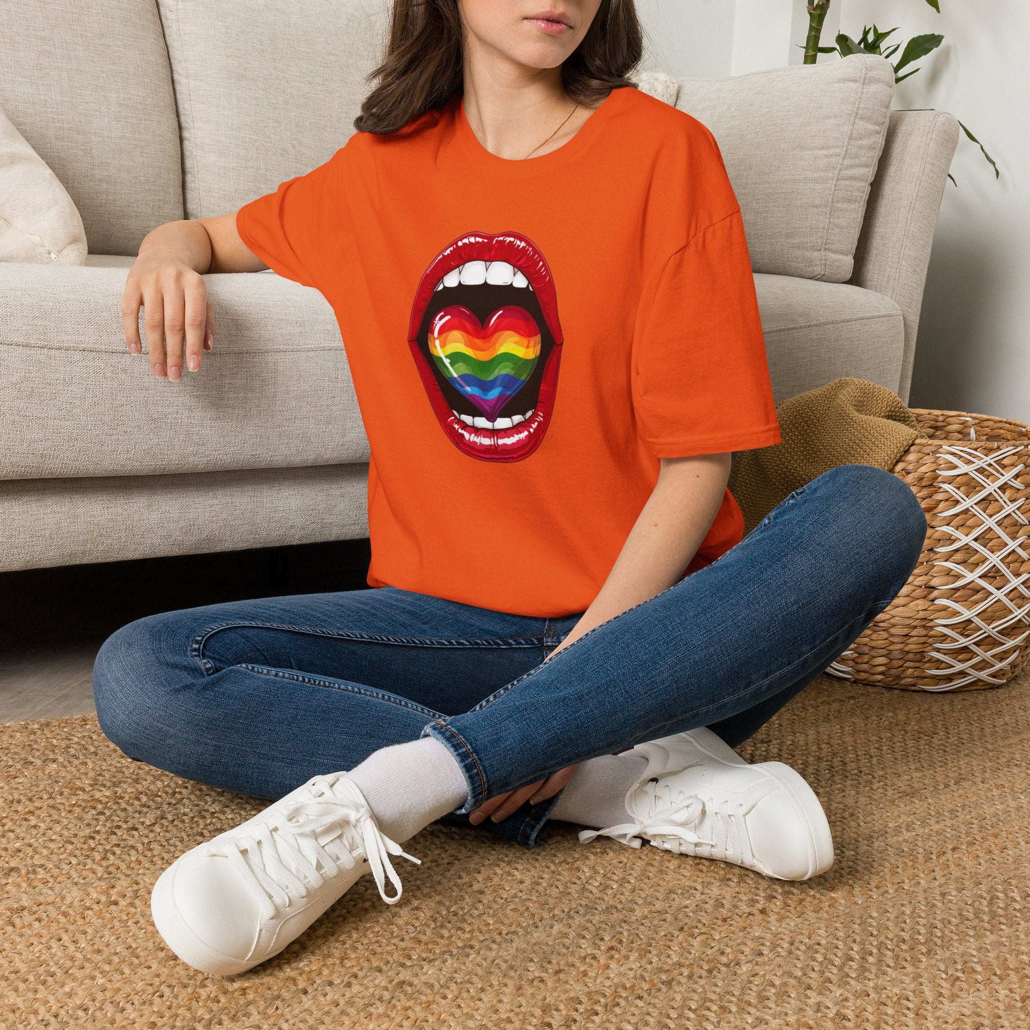 Pride Love Unisex Softstyle T-Shirt | LGBTQ+ Rainbow Heart Design