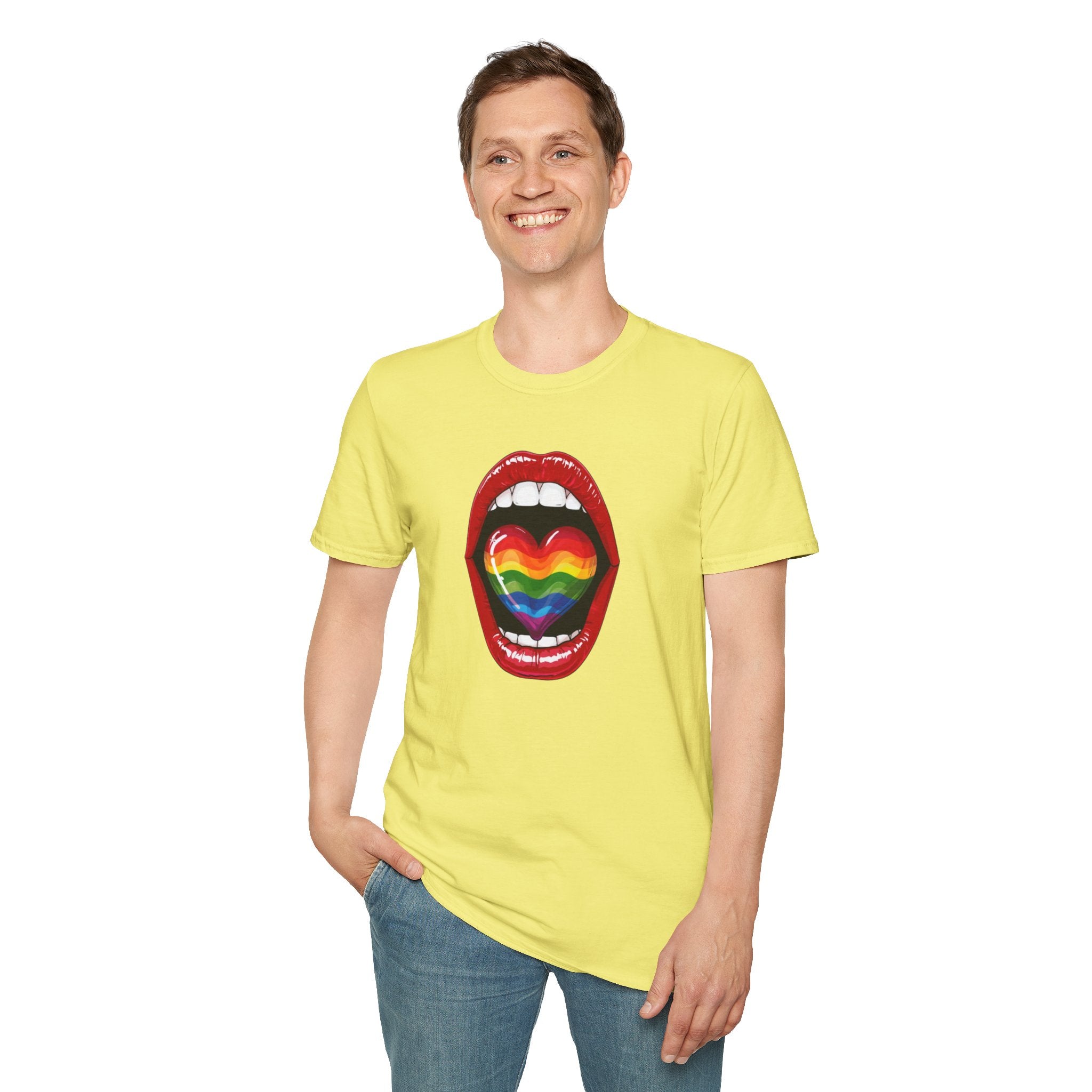 Pride Love Unisex Softstyle T-Shirt | LGBTQ+ Rainbow Heart Design