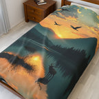 Lake Scene with Elk and Ducks Velveteen Plush Blanket – For Comfort and Warmth