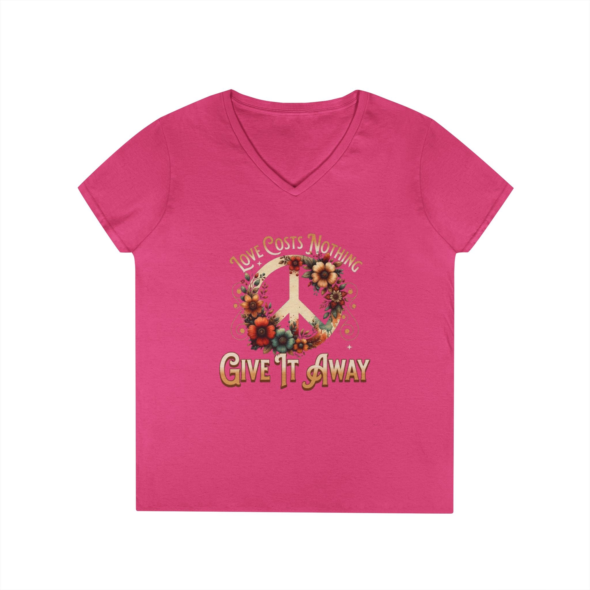 Women's Peace Love T-Shirt - Give It Away | Floral V-Neck Tee for Positive Vibes