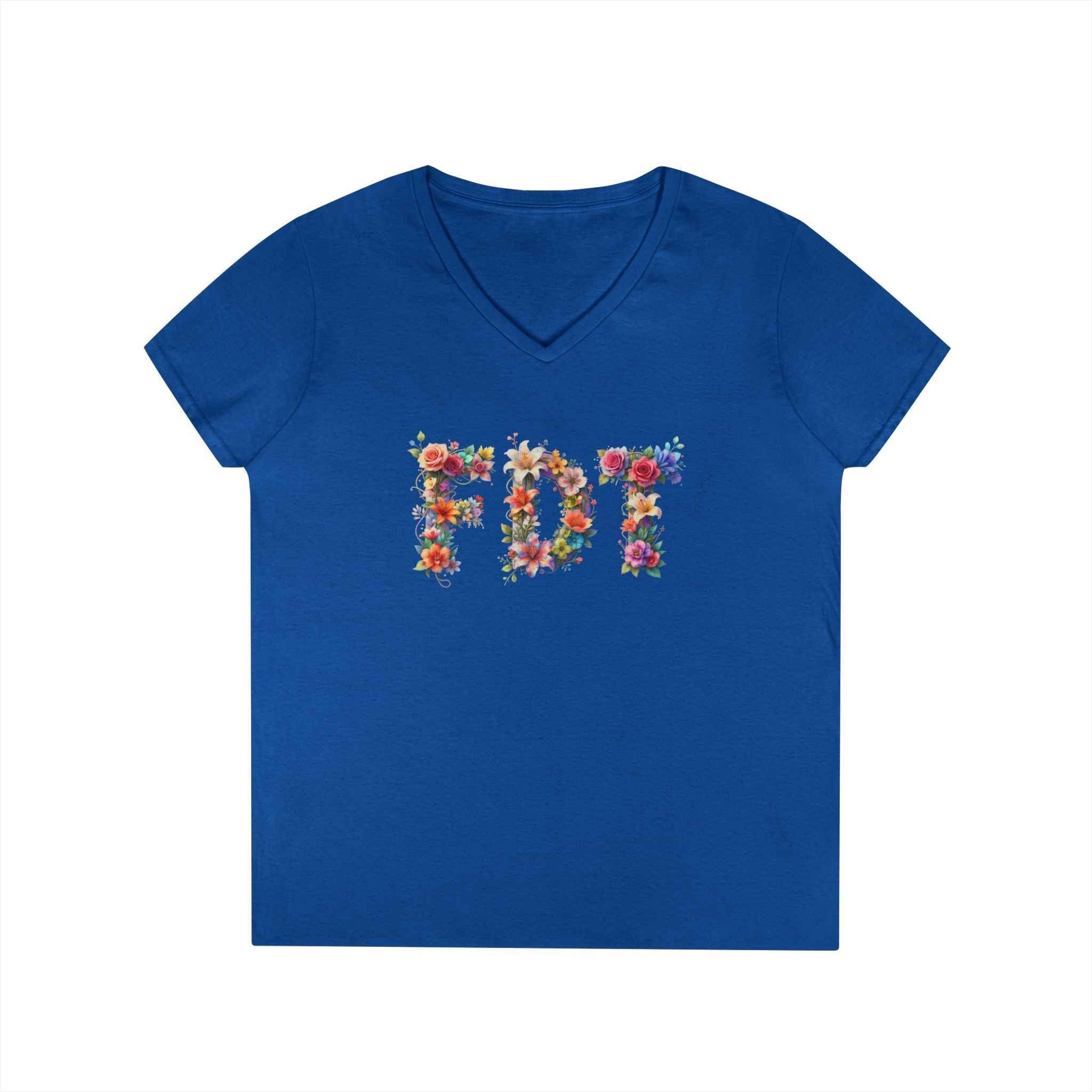 Floral Initials 'FDT' Ladies' V-Neck Tee — Colorful Botanical Monogram Shirt