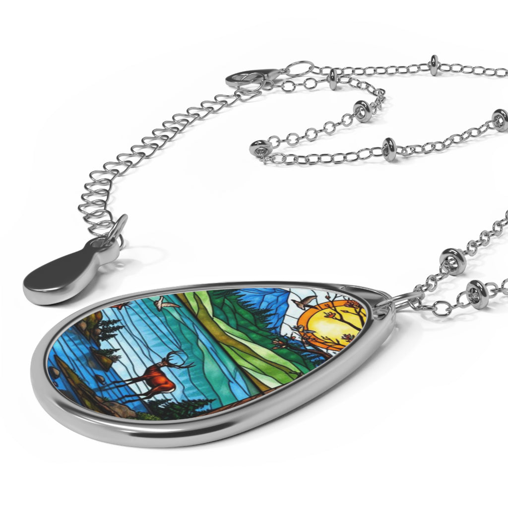 Oval Necklace — Stained Glass Landscape Teardrop Pendant Necklace