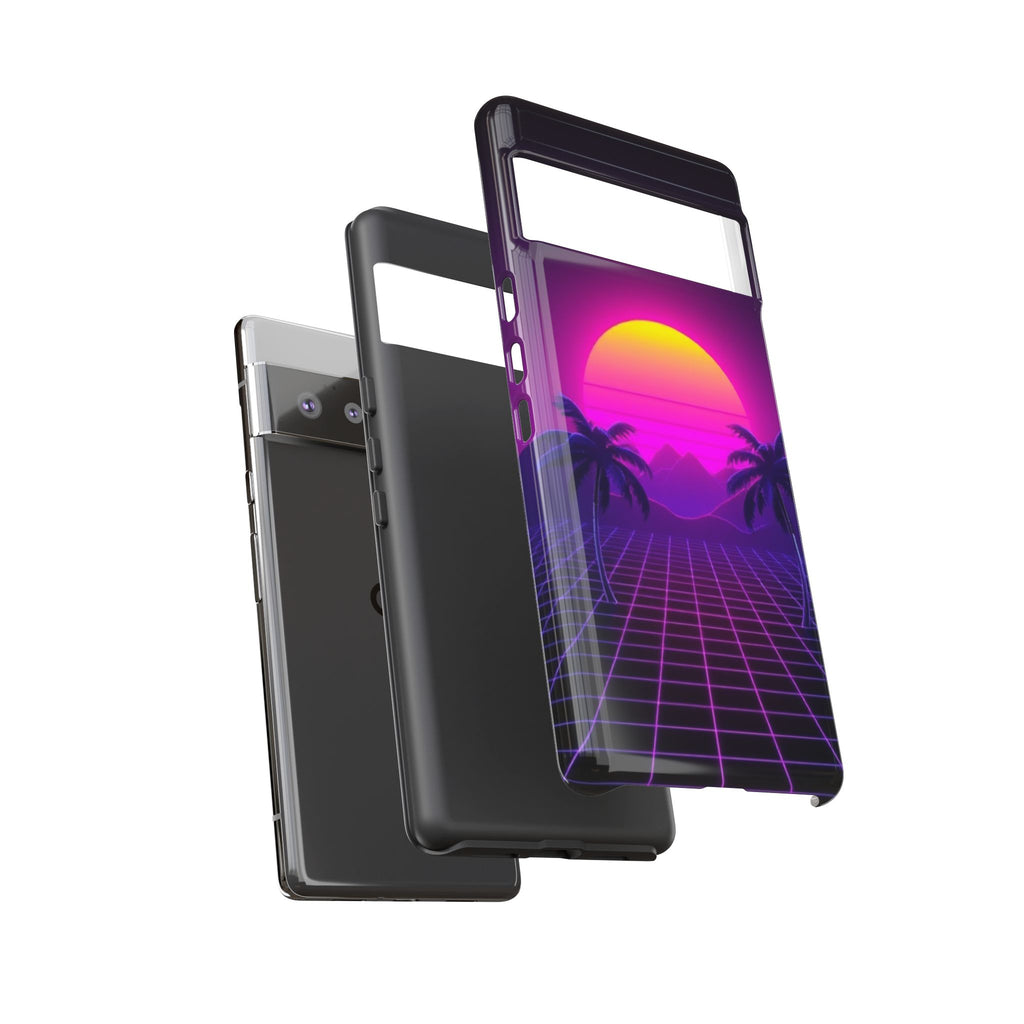 Android OR iPhone Compatible Cases - 80's Digital Grid Sunset Design - Unique Tough Cases
