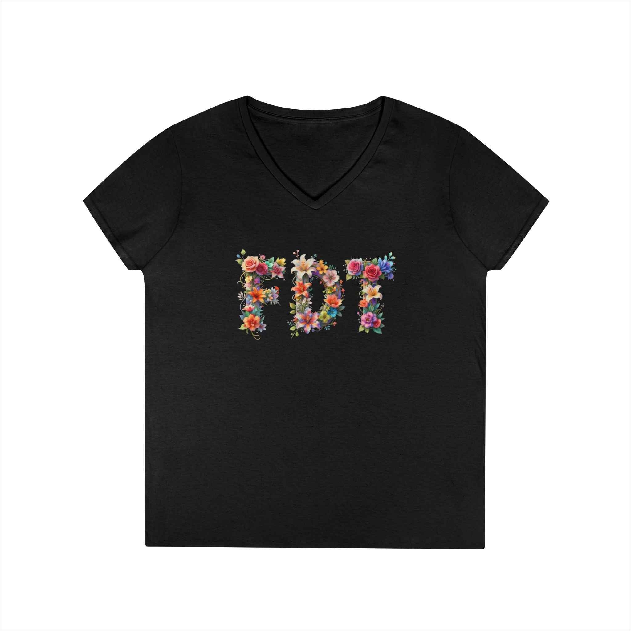 Floral Initials 'FDT' Ladies' V-Neck Tee — Colorful Botanical Monogram Shirt