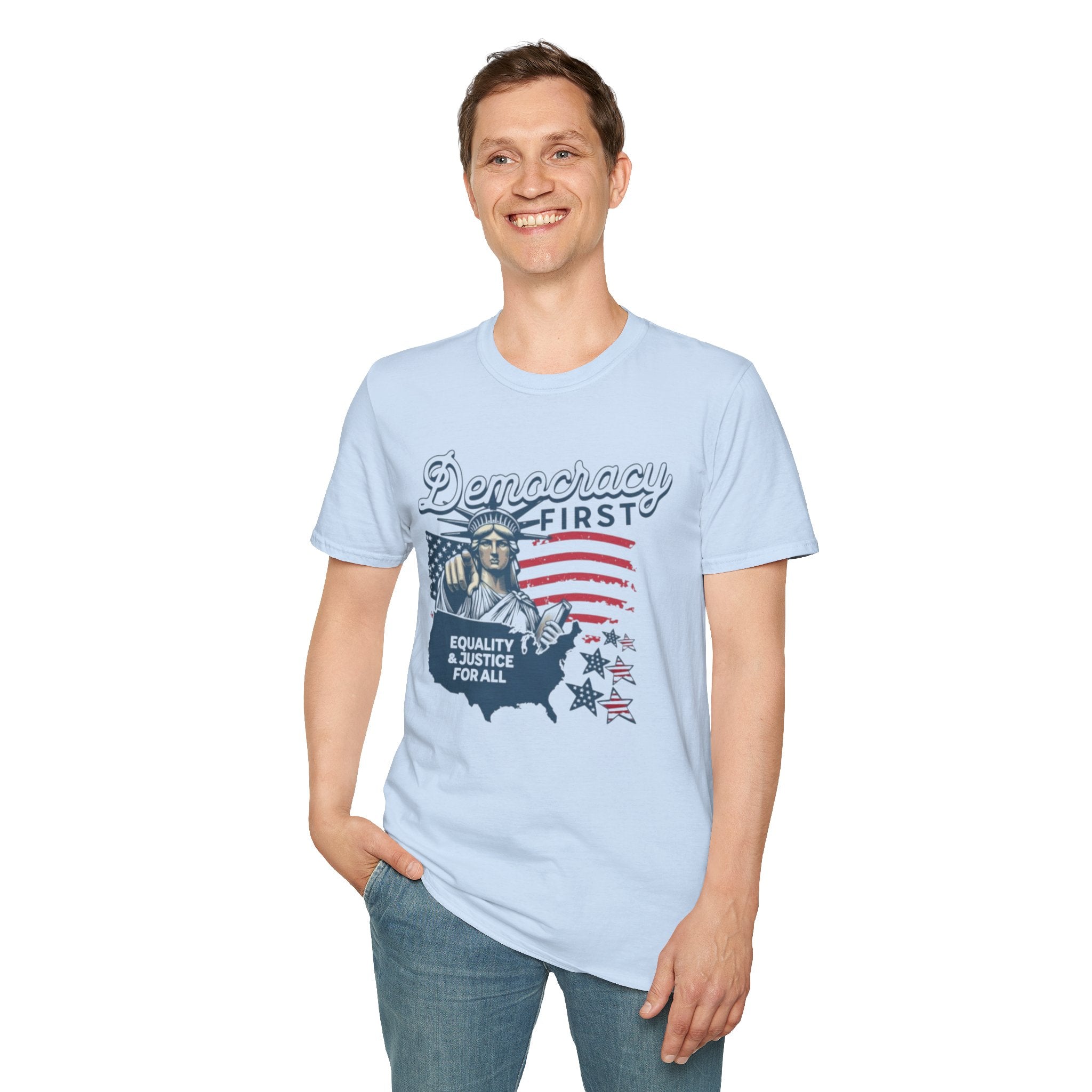 Democracy First T-Shirt | Unisex Softstyle Tee for Equality & Justice