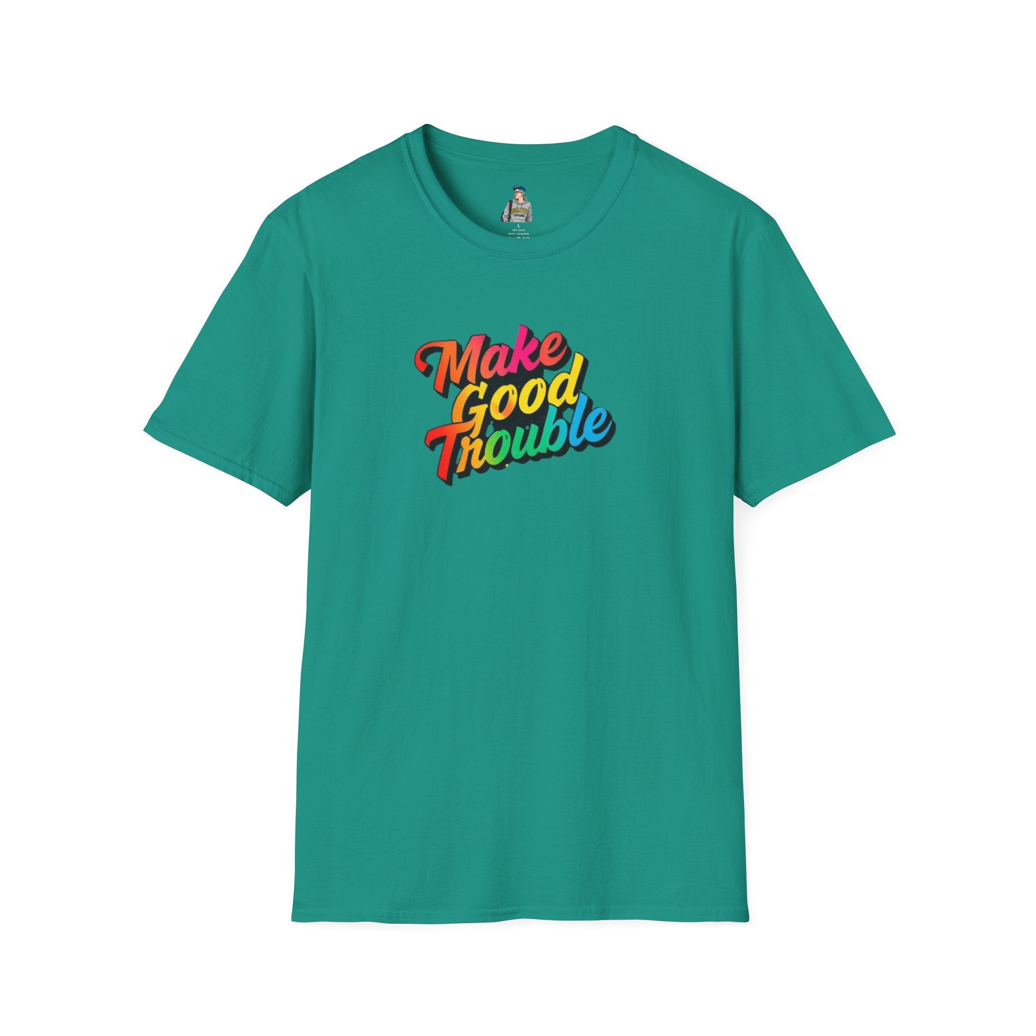 Inspirational Unisex Softstyle T-Shirt - 'Make Good Trouble' Rainbow Statement Tee
