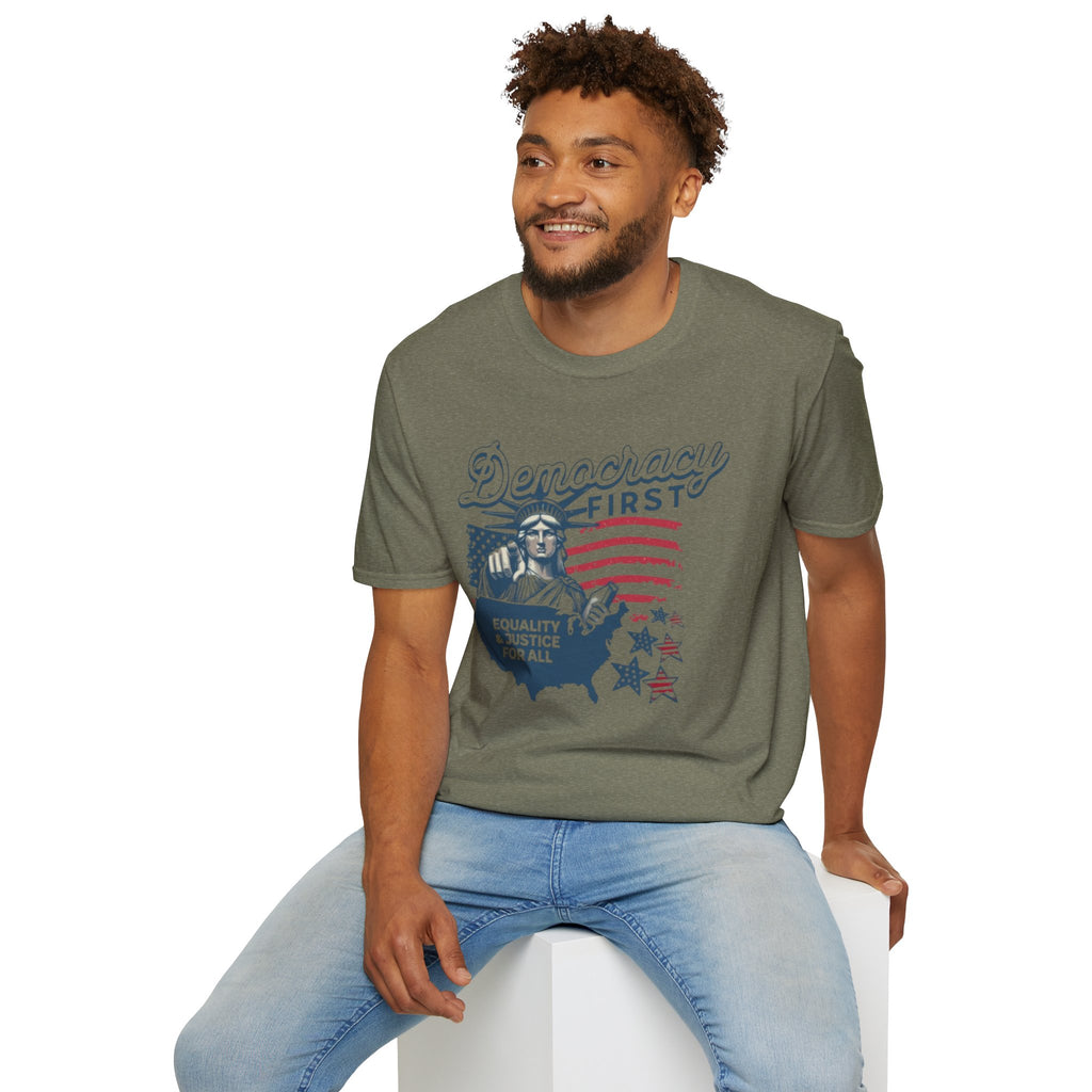 Democracy First T-Shirt | Unisex Softstyle Tee for Equality & Justice