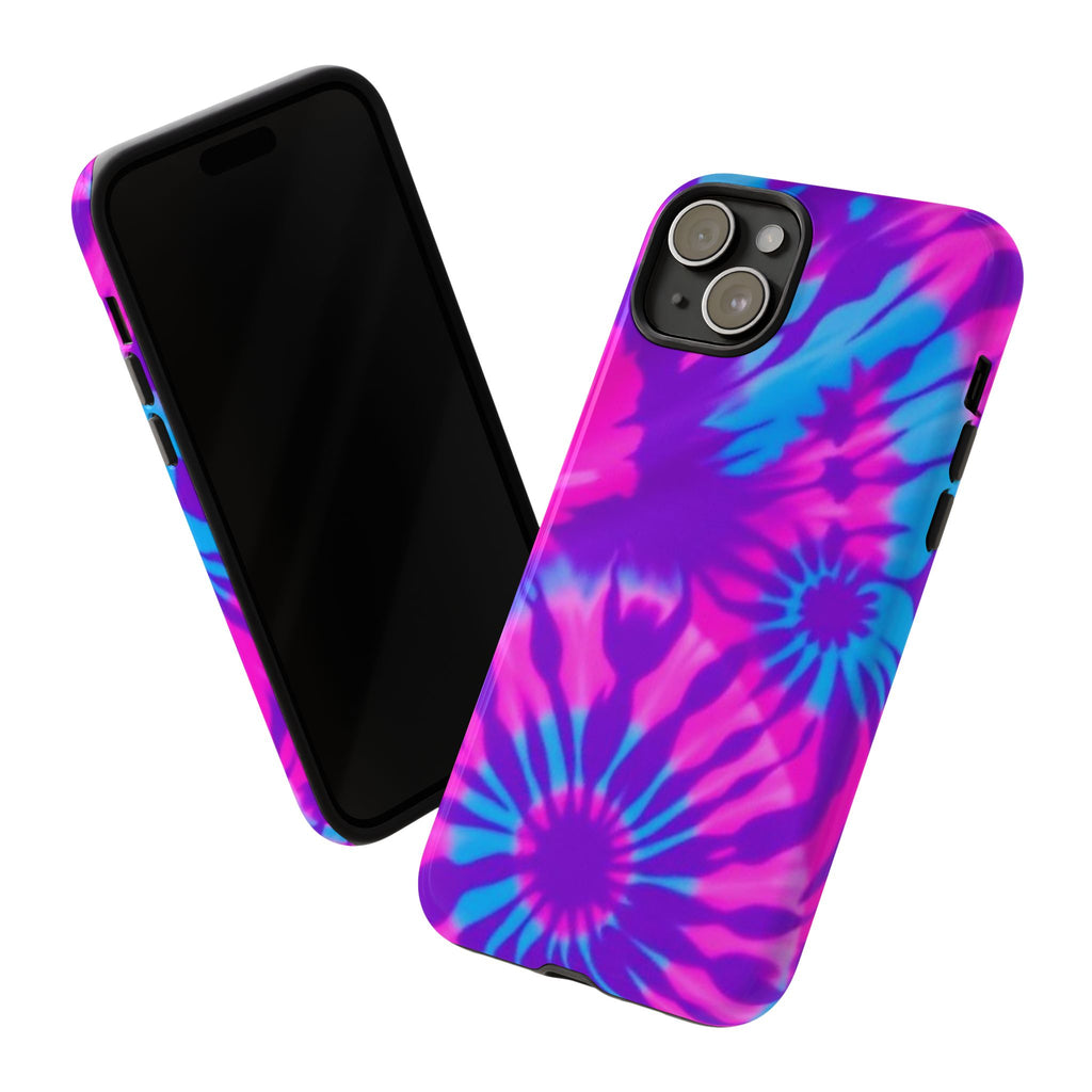 Tie-Dye Floral Phone Case for iPhone — Pink & Blue Retro Protective Tough Case