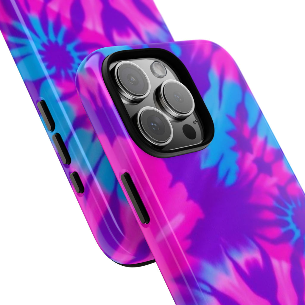 Tie-Dye Floral Phone Case for iPhone — Pink & Blue Retro Protective Tough Case