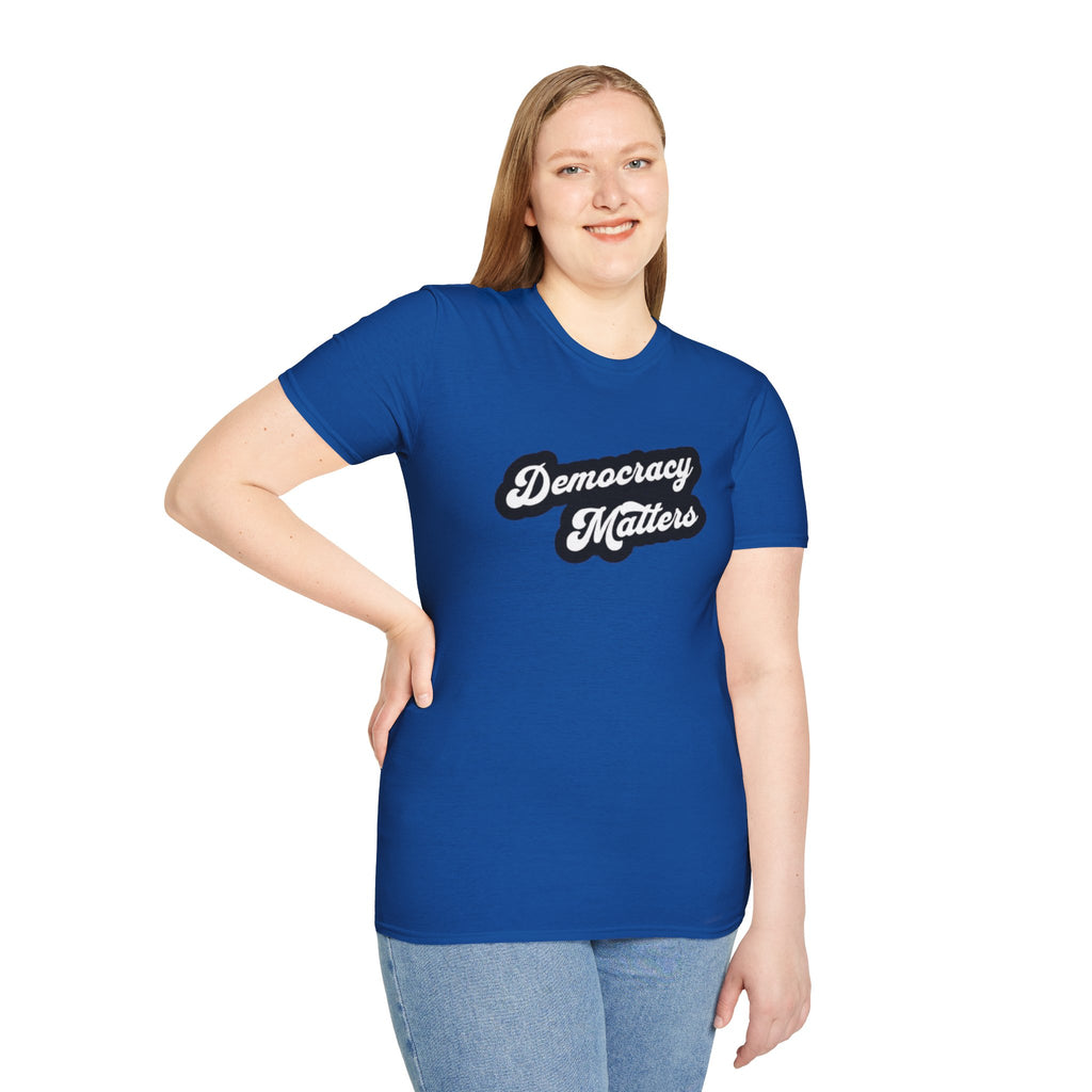 Democracy Matters T-Shirt — Retro Script Political Tee